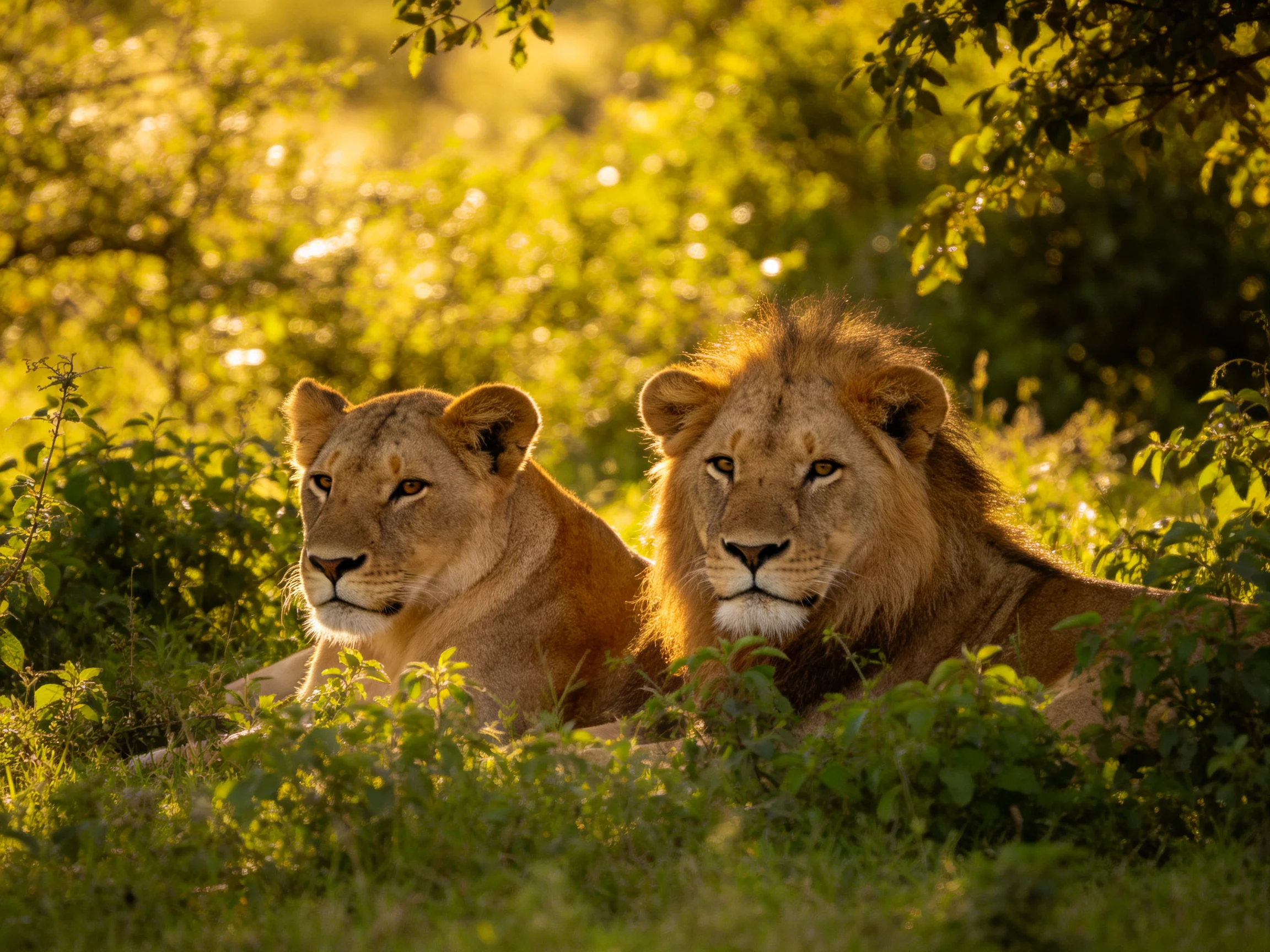 Two lions rest amid lush green foliage in golden sunlight