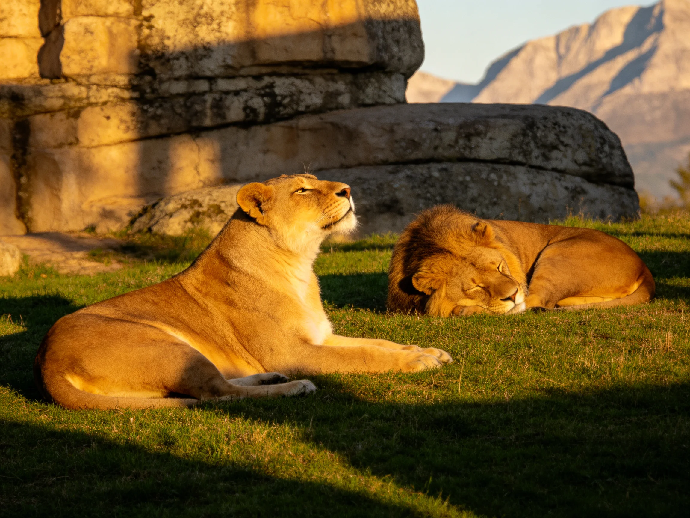 Two lions rest on green grass near massive stone formations