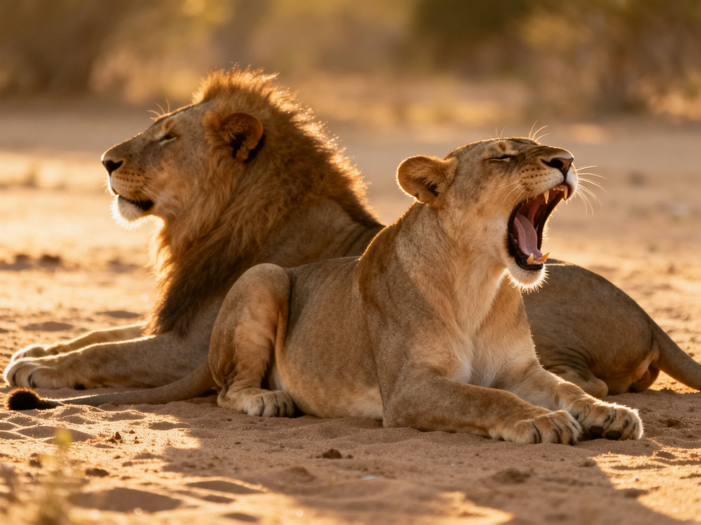Two lions rest on sunlit sandy ground, one yawning