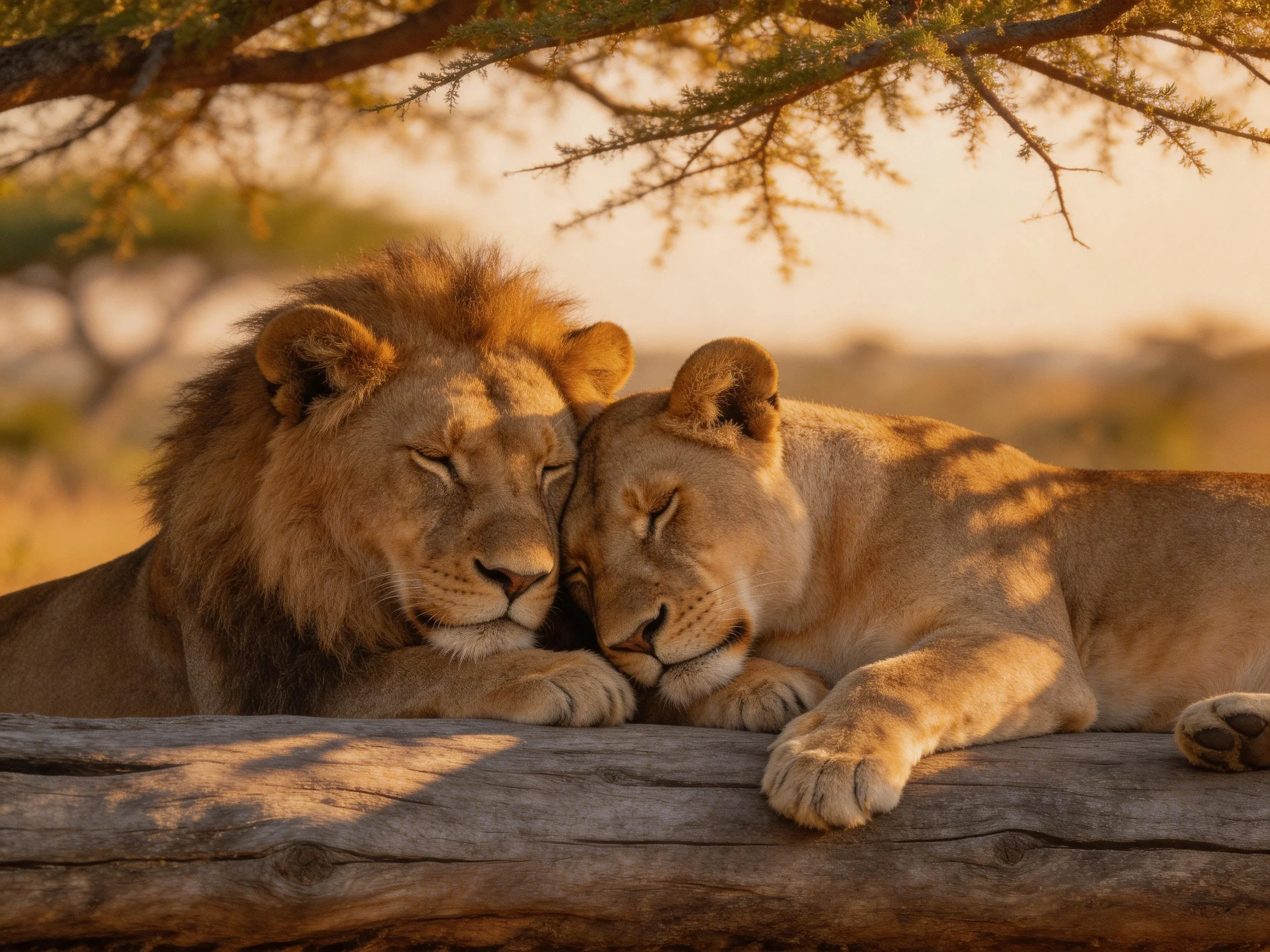 Two lions rest togetheron a weathered log amid golden savannah light