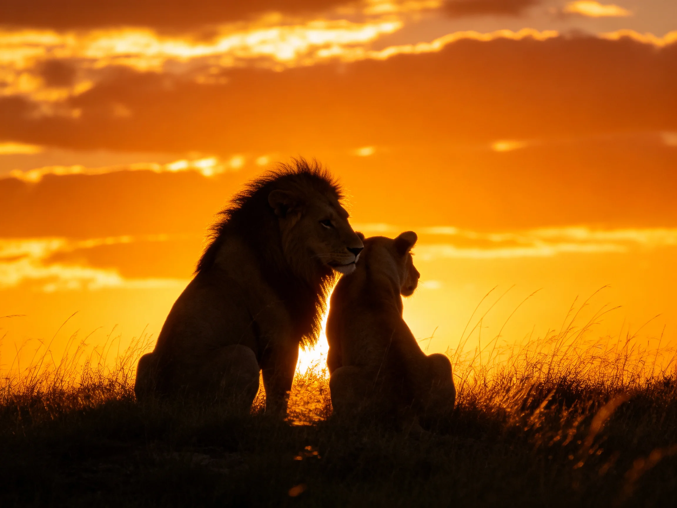 Two lions silhouetted against a vibrant orange sunset sky