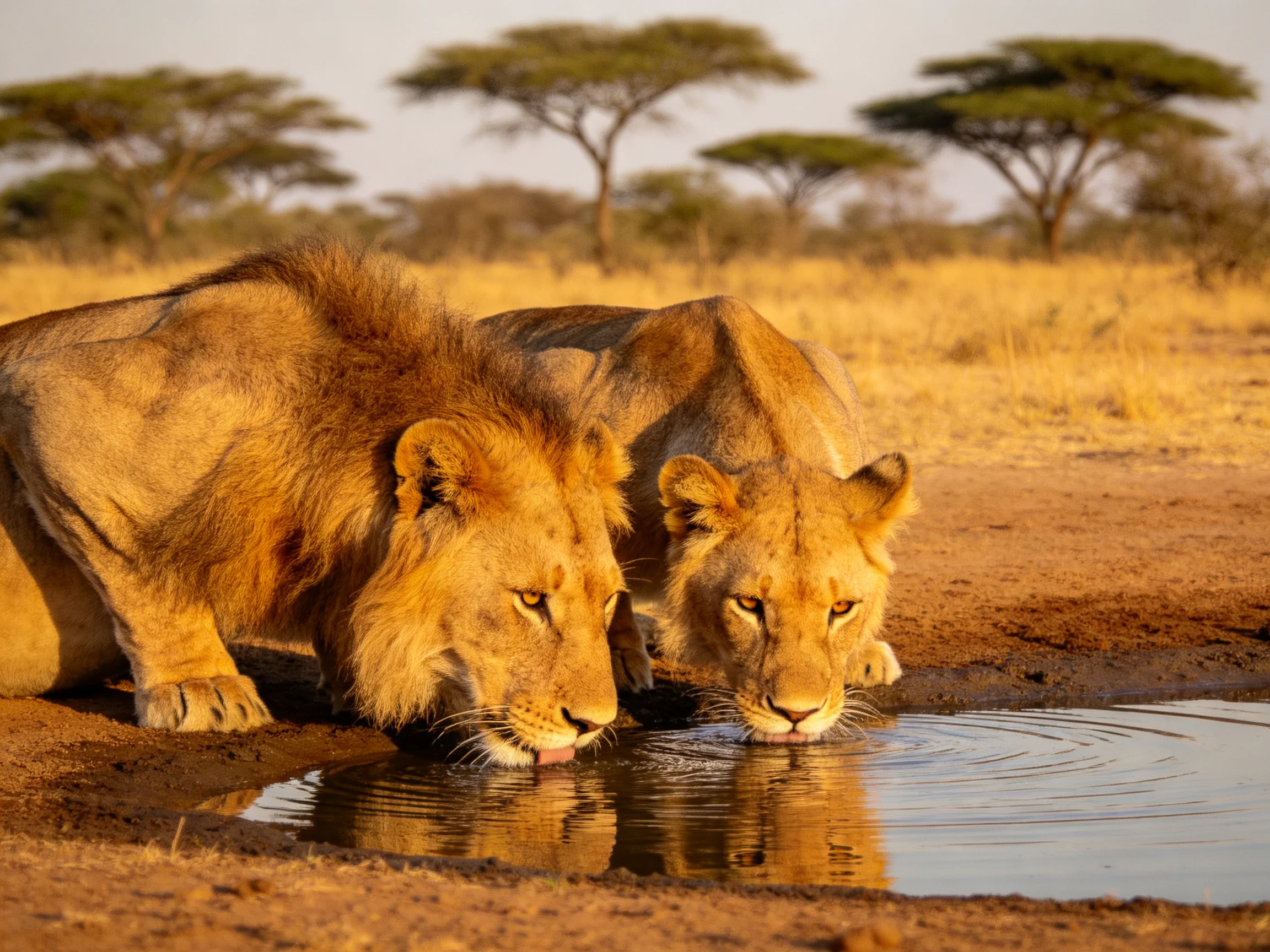 Two lions with golden coats drink from a small watering hole in a dry savannah