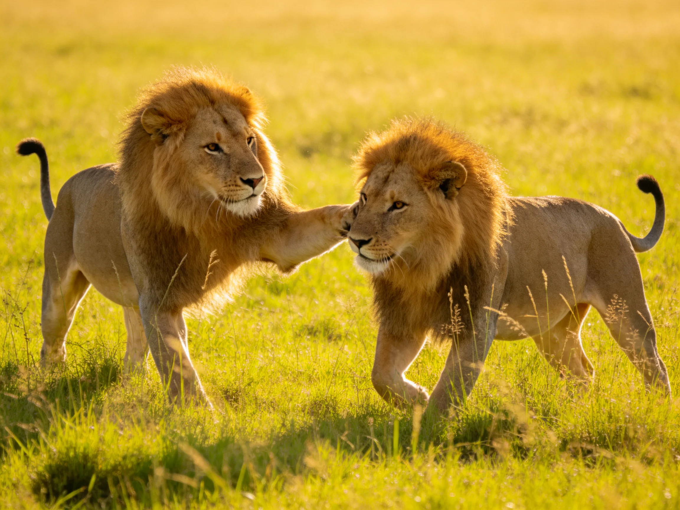 Two lions with golden manes interact in a sunlit savannah