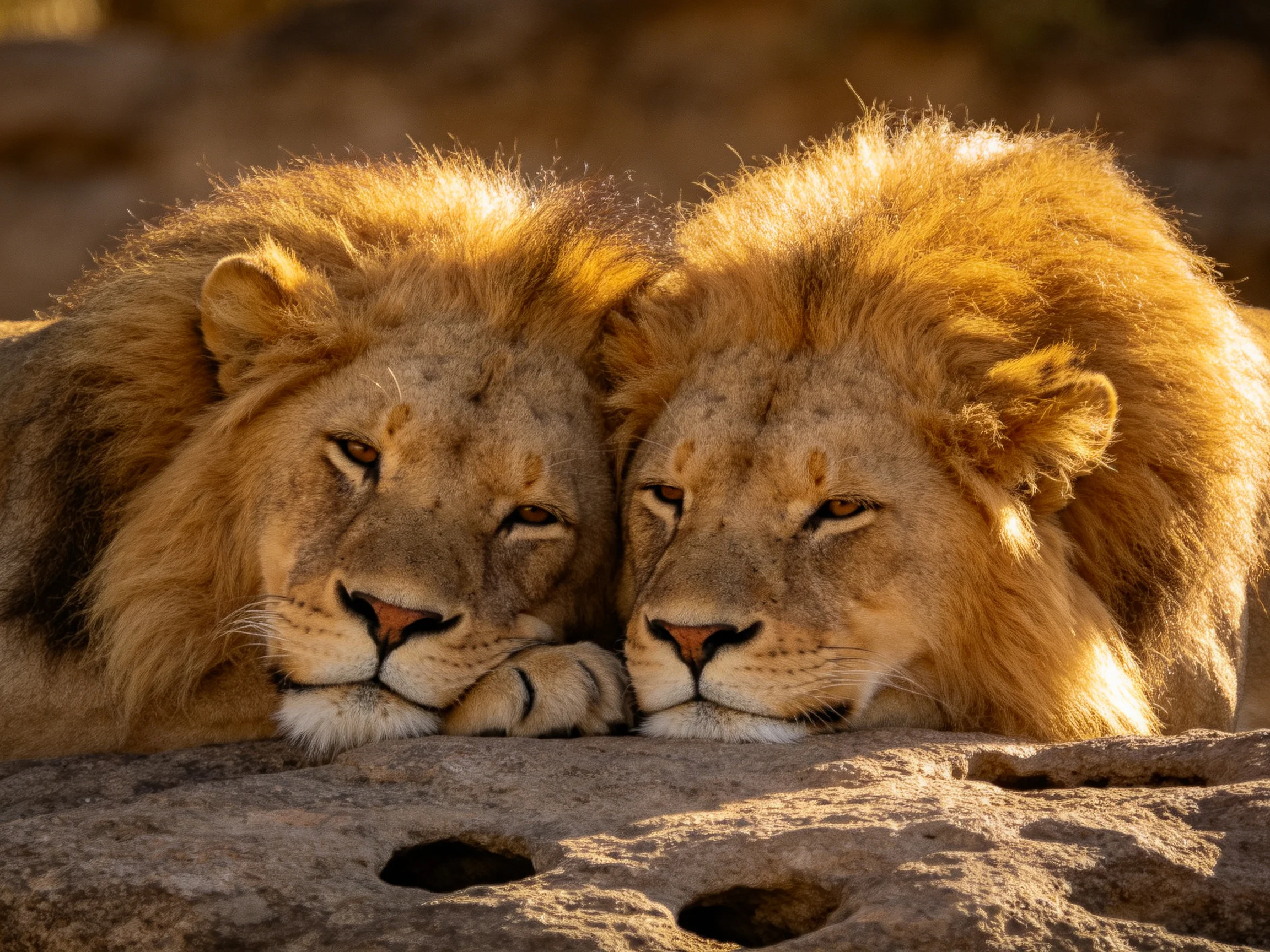 Two lions with thick golden manes rest closely on a rocky ledge