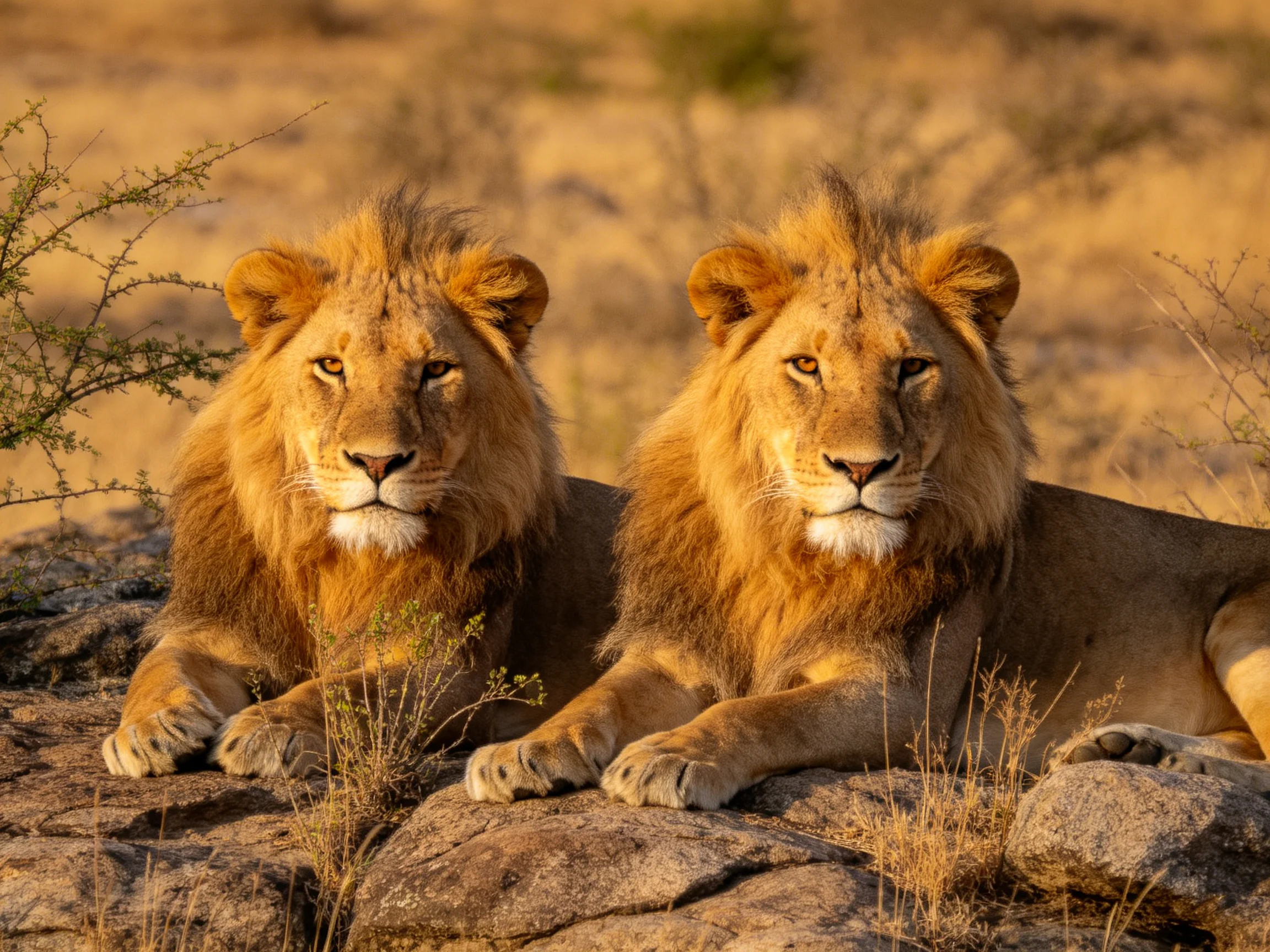 Two lions with thick golden manes rest on rocky terrain in a sunlit savannah
