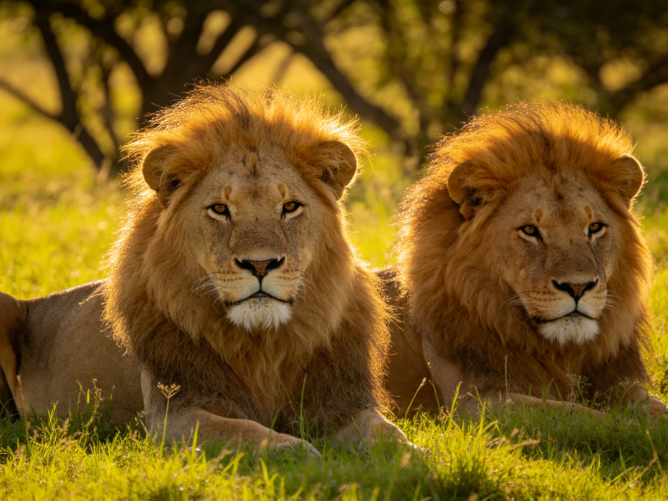 Two lions with thick manes rest in sunlit savannah grass