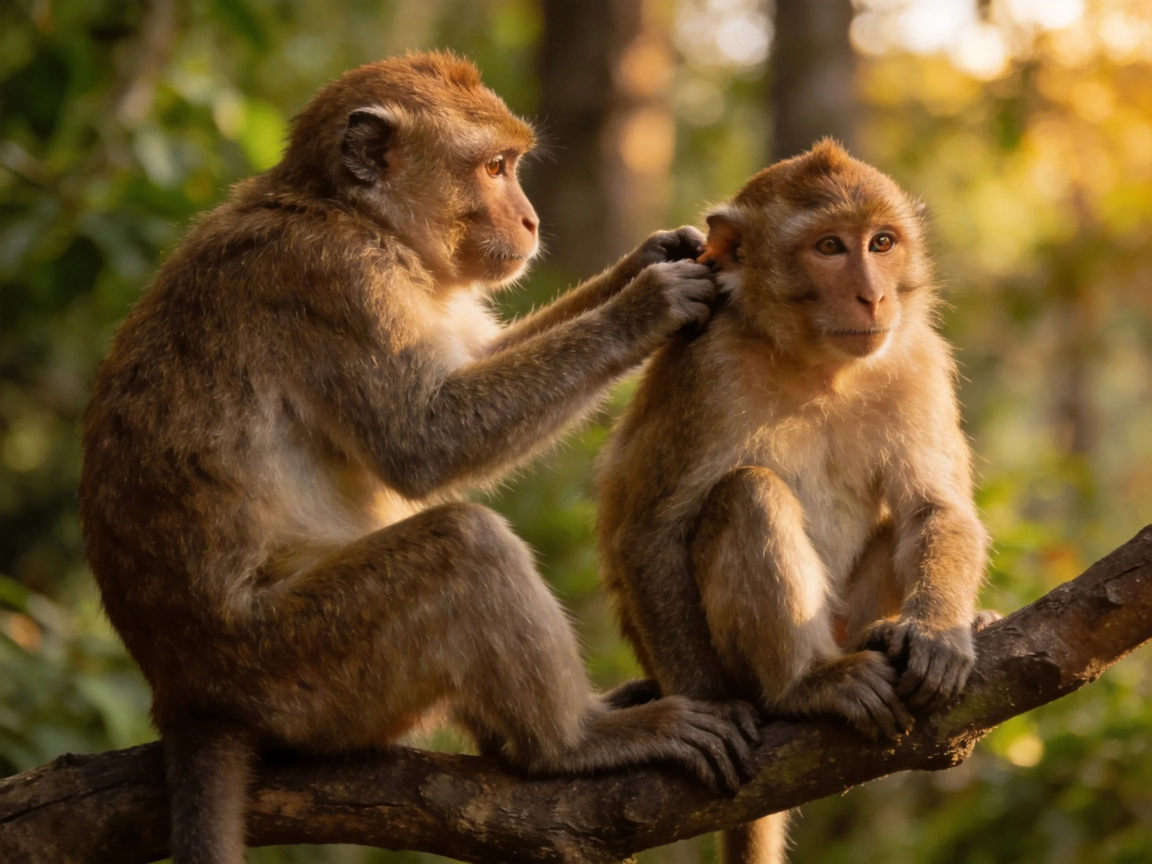 Two long-tailed macaques grooming on a sun-dappled tree branch