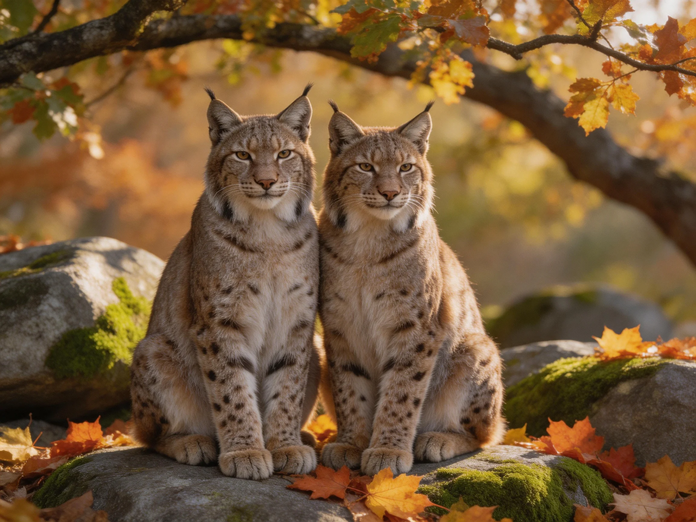 Two lynxes sit on mossy rocks amid autumn foliage