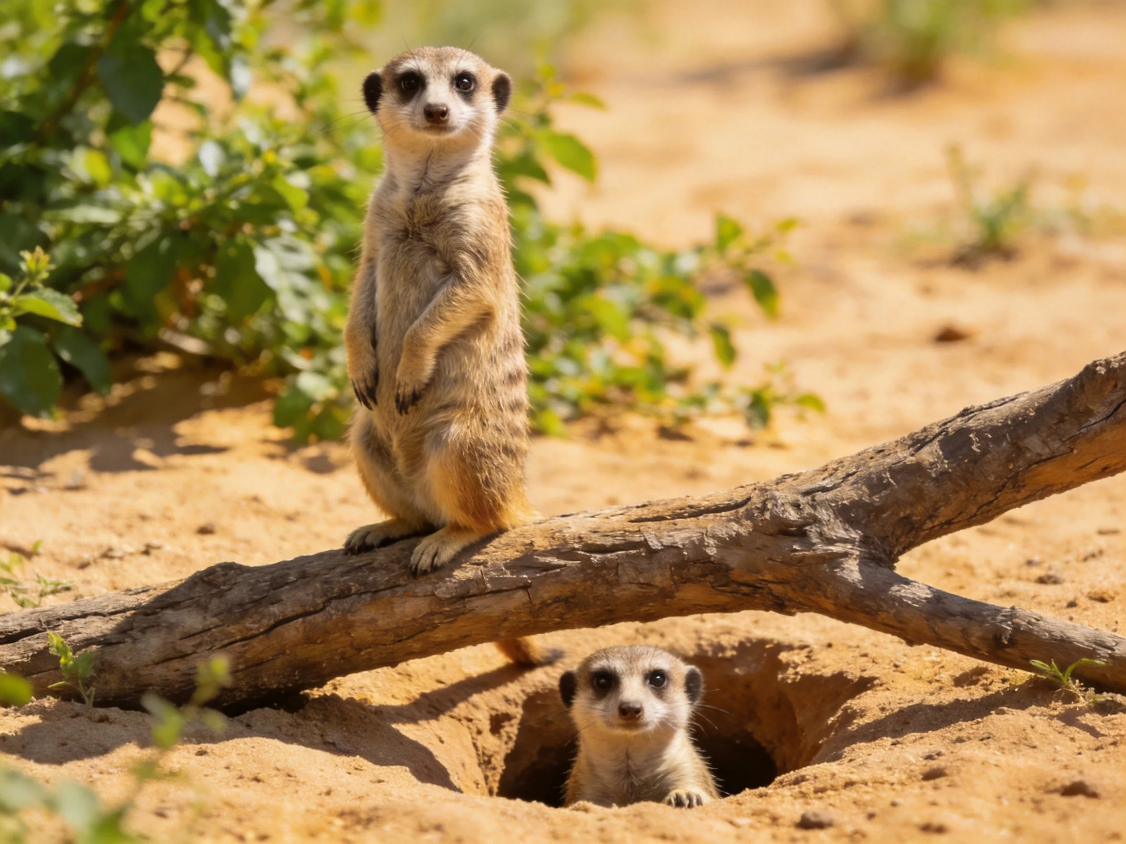 Two meerkats, one standing on a log, one emerging from a sandy burrow