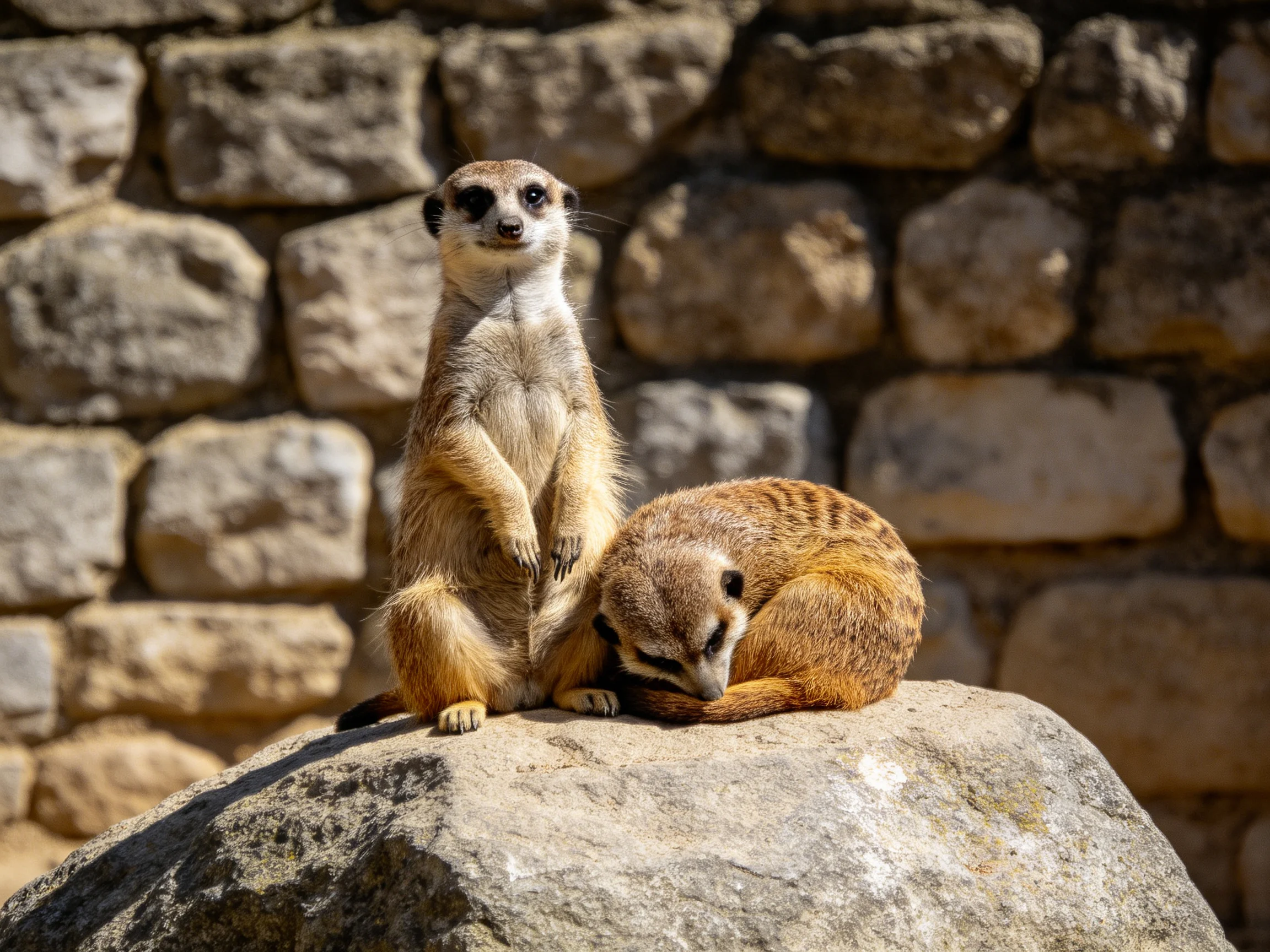 Two meerkats rest on a large rock beside a stone wall