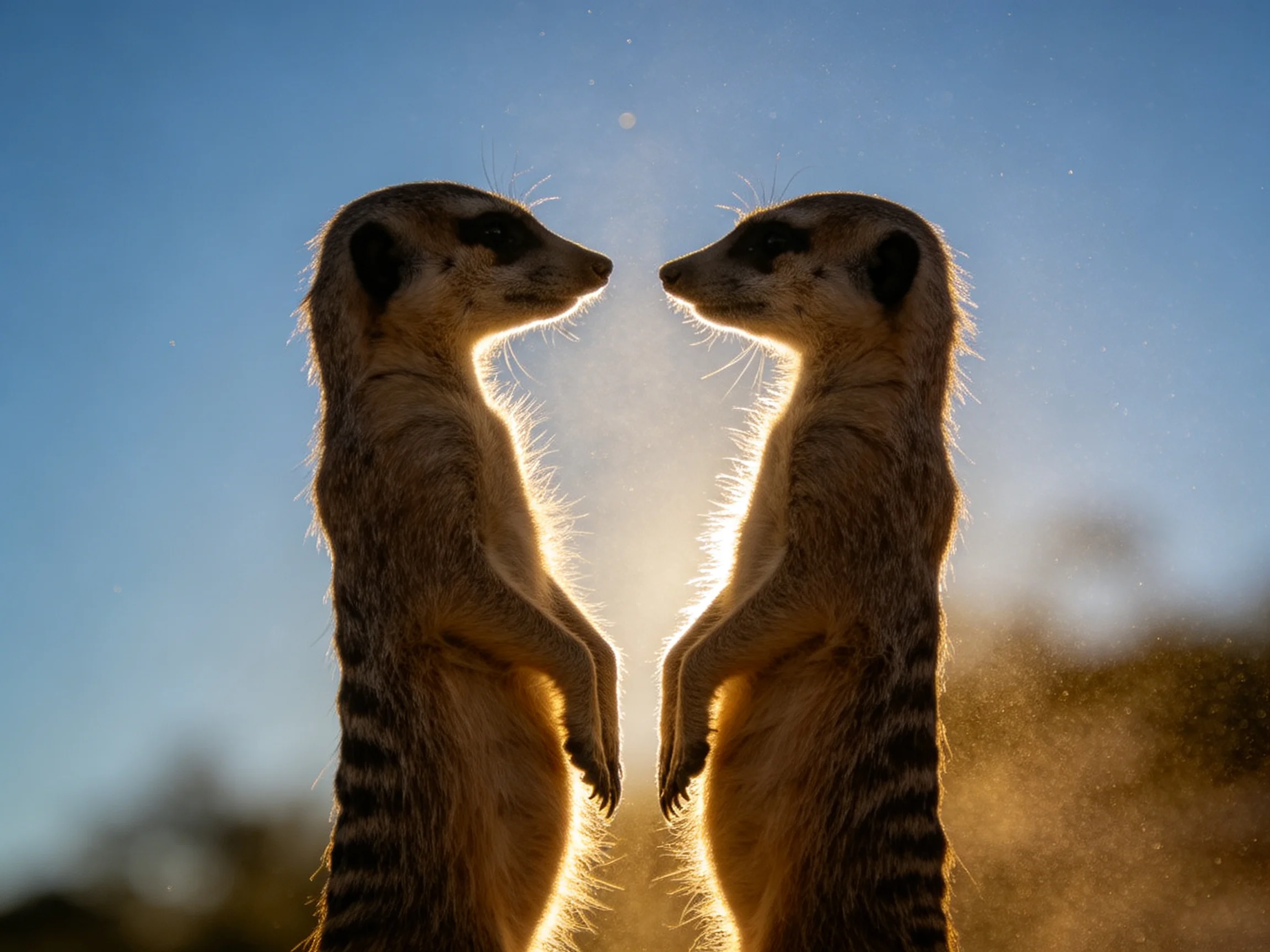 Two meerkats stand backlit, facing each other, with golden sunlight between them
