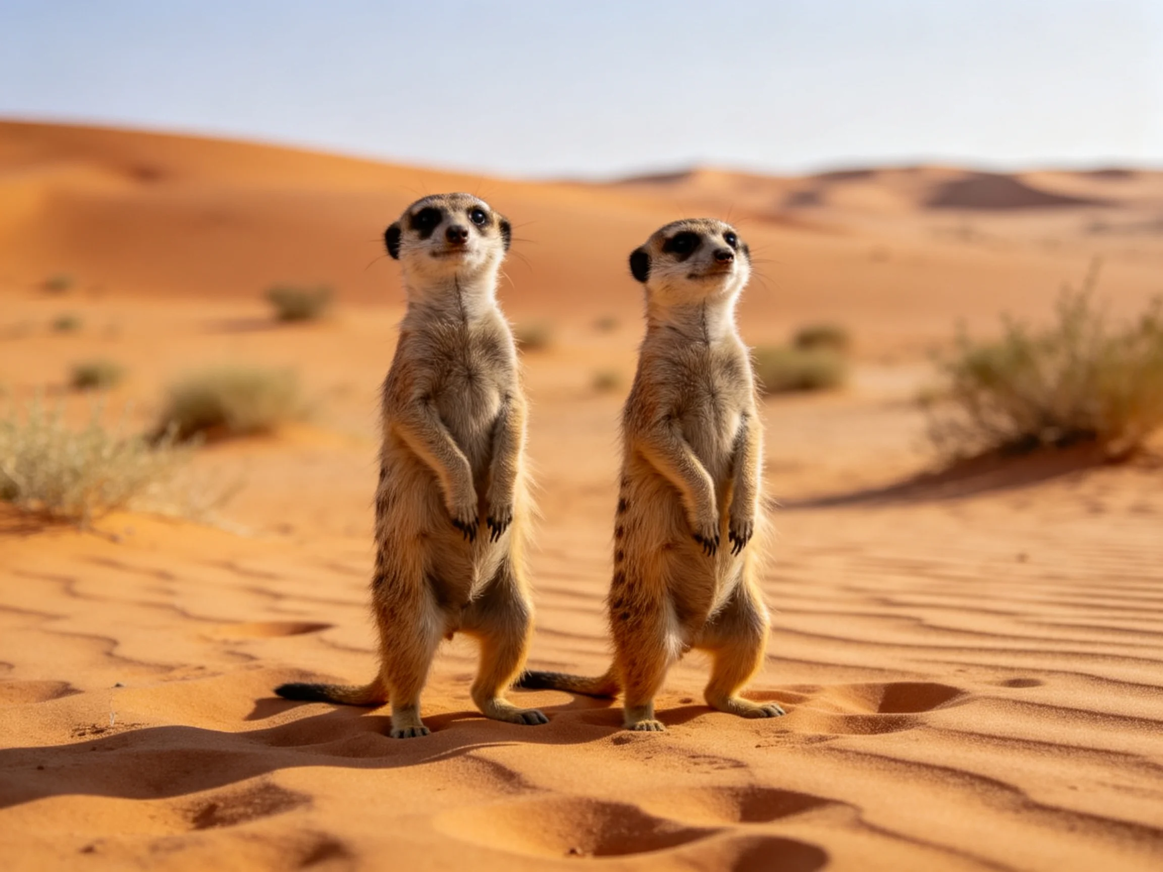 Two meerkats stand watchful on sunlit desert sand with orange dunes