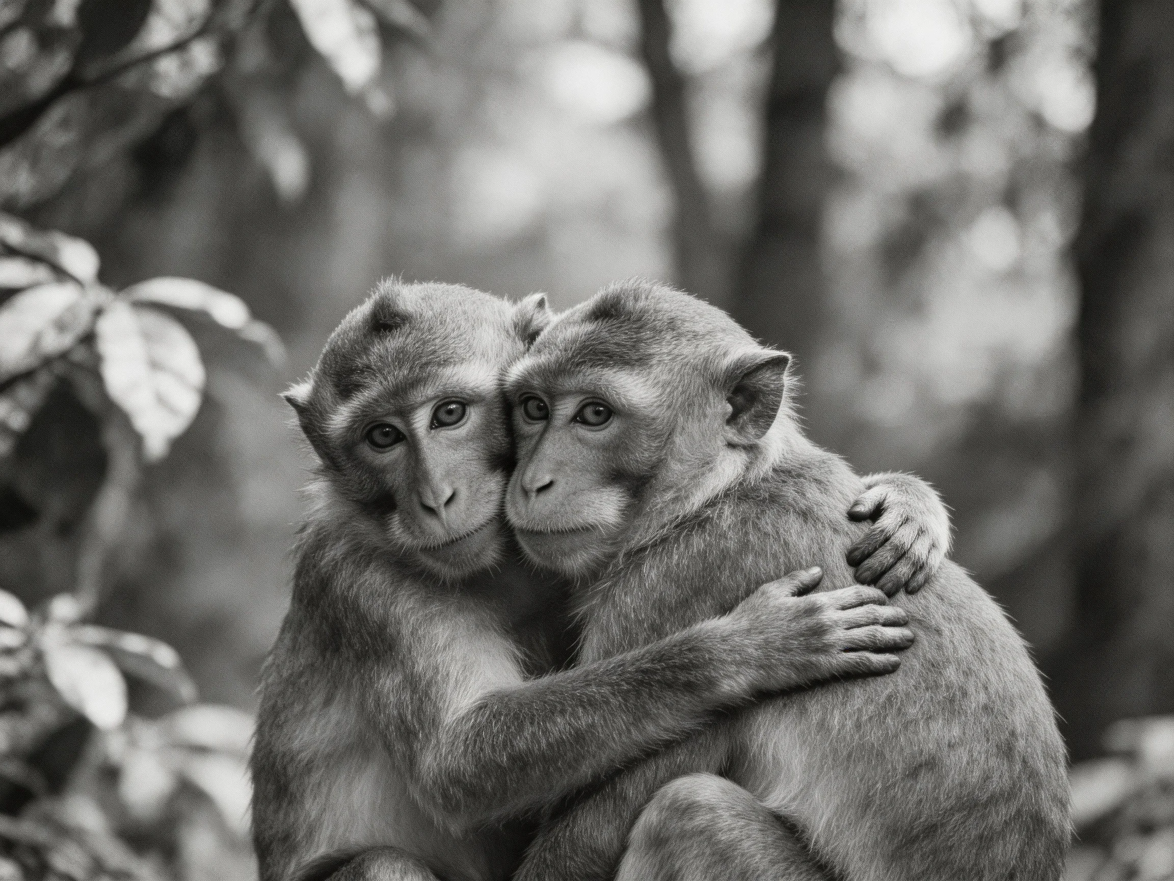 Two monkeys cuddling in a forest with blurred vegetation