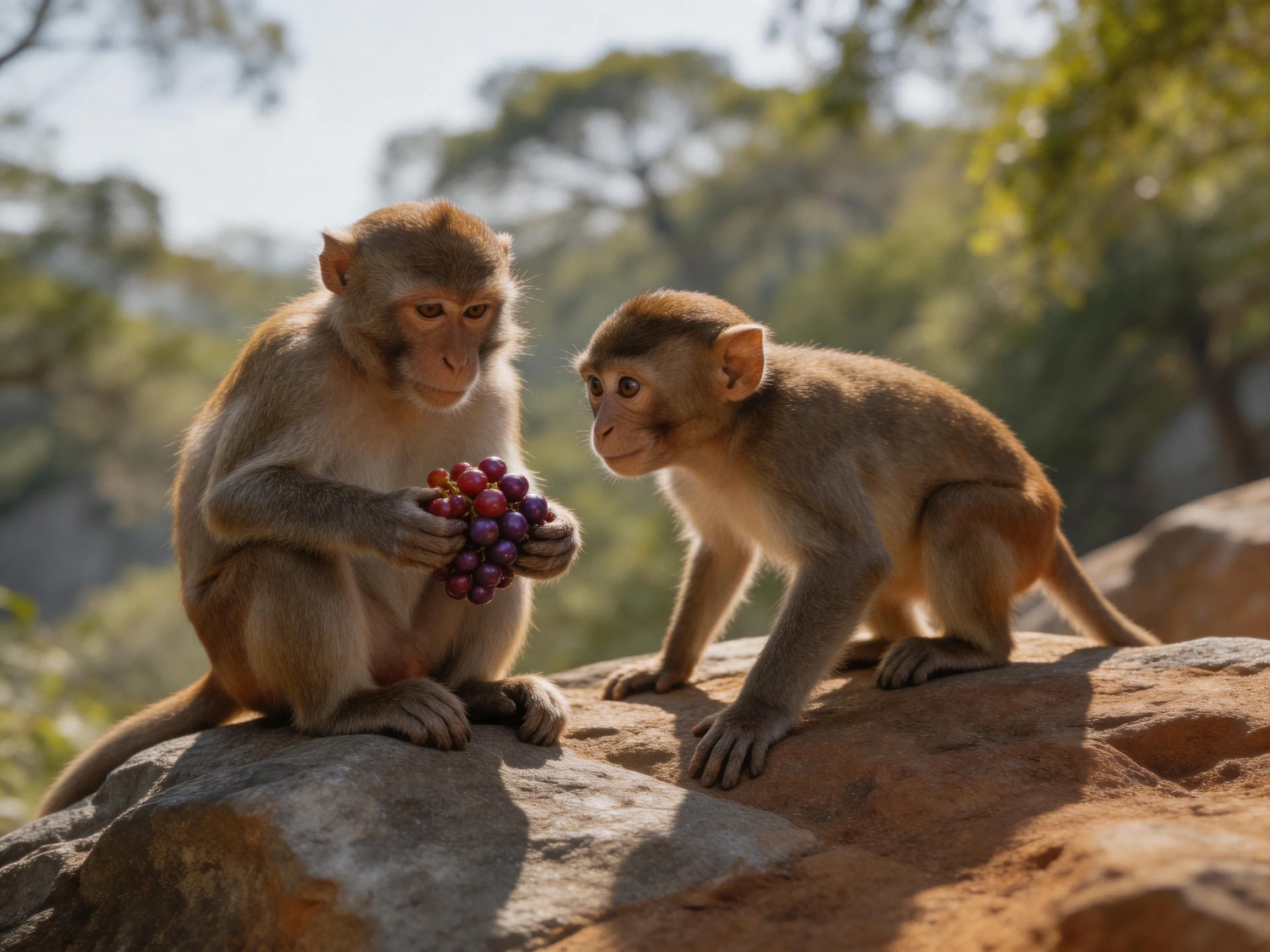 Two monkeys examine purple grapes on a sunlit rock