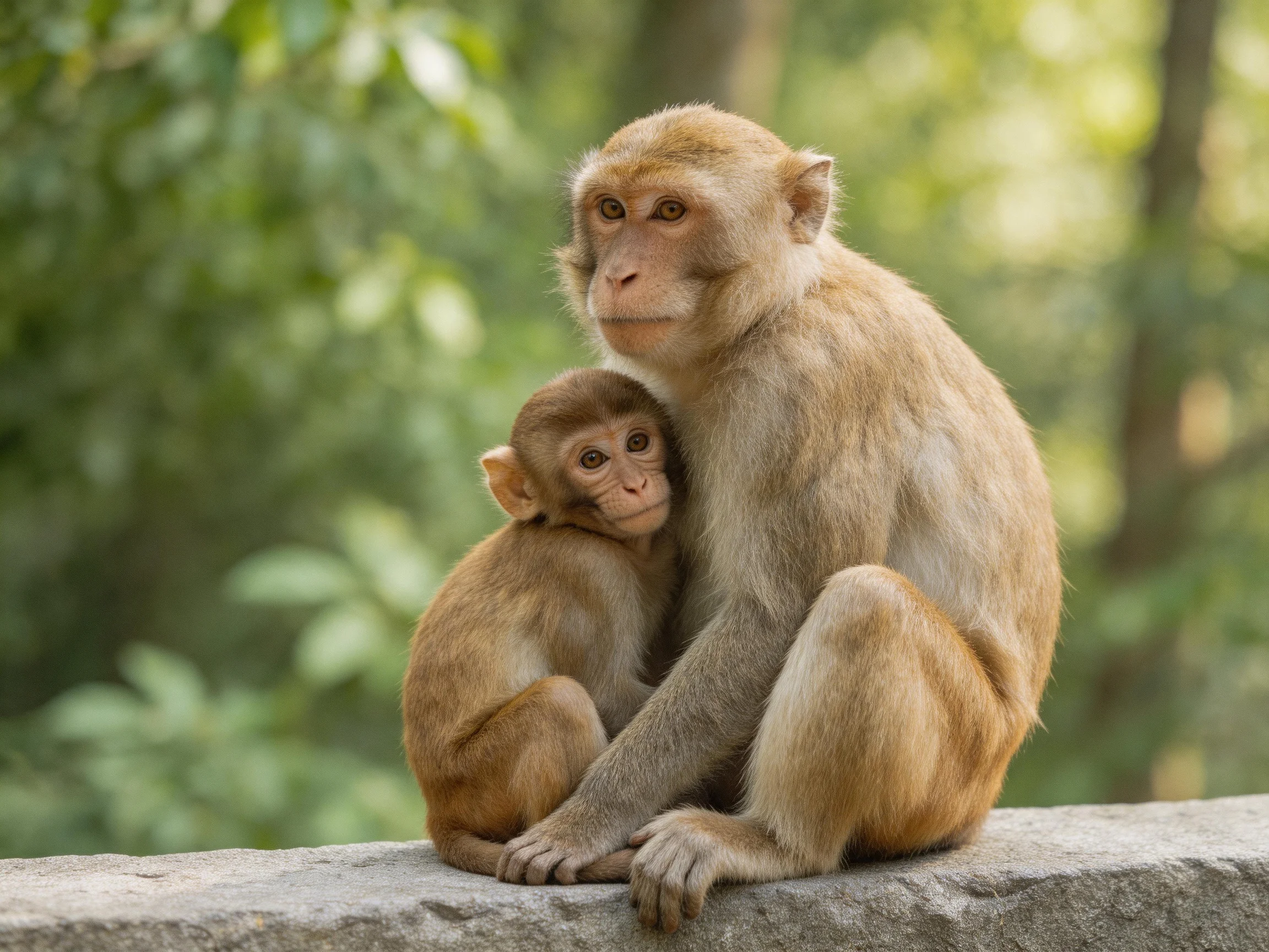 Two monkeys, one adult and one juvenile, rest on a stone ledge amid lush greenery