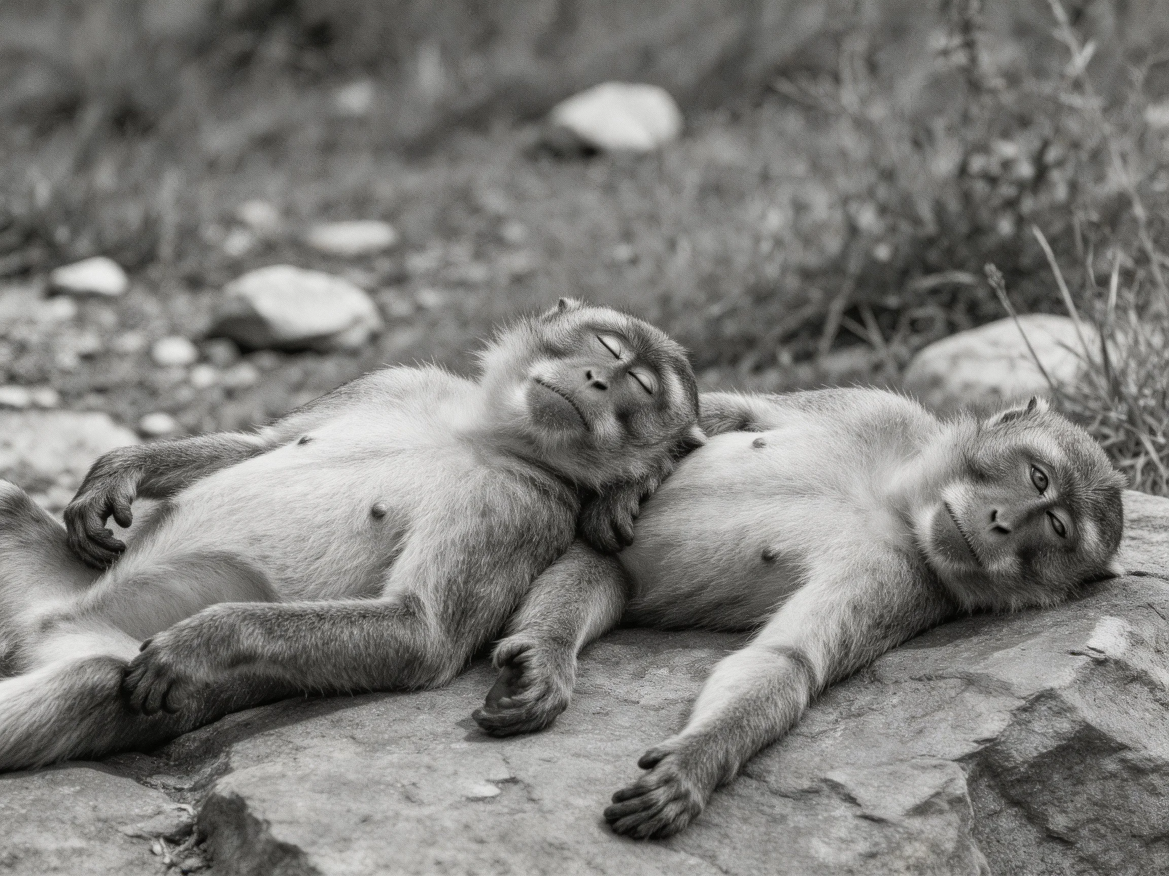 Two monkeys rest closely on a rocky surface in nature