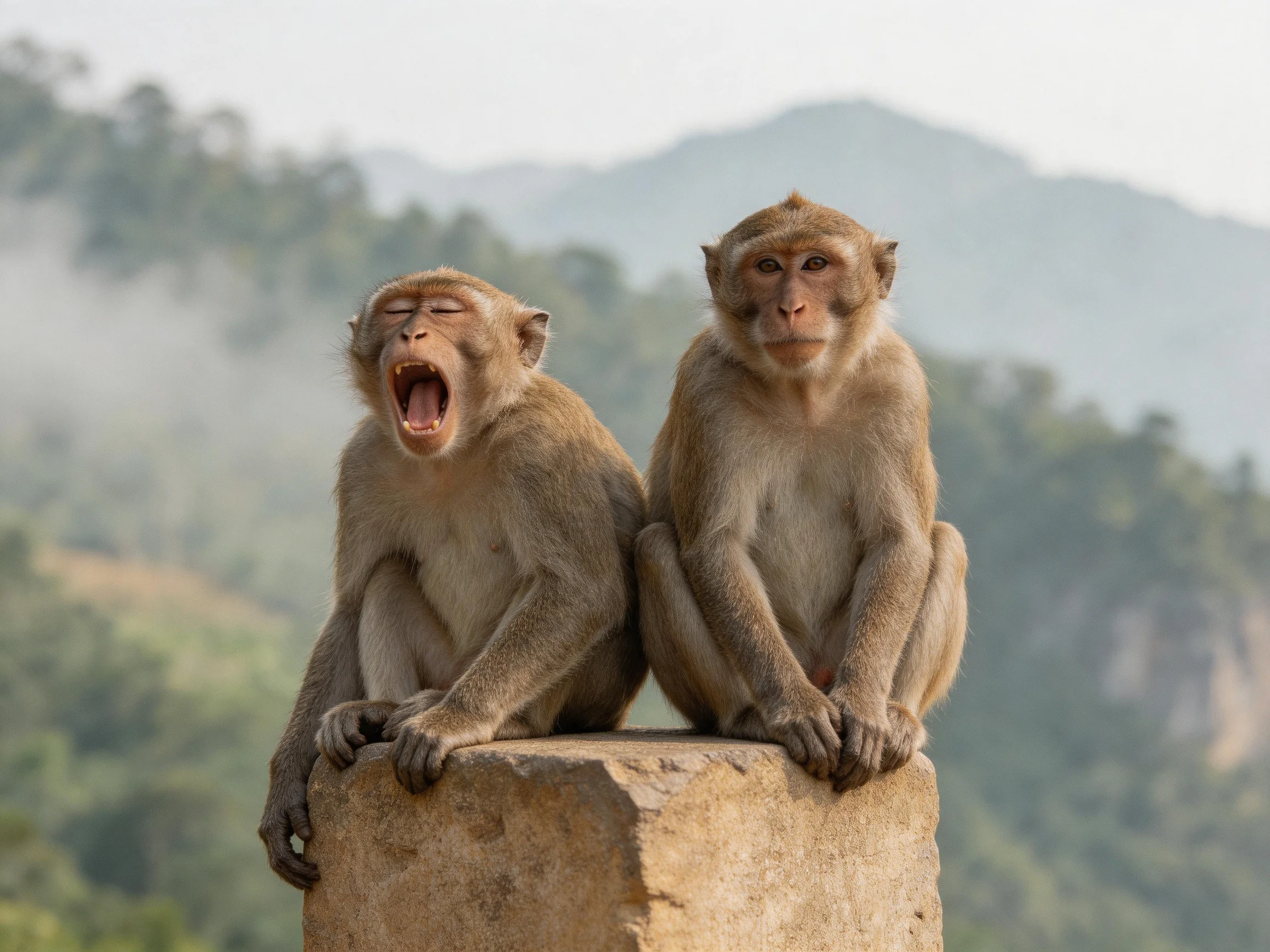 Two monkeys sit on a stone pedestal amid misty mountain scenery