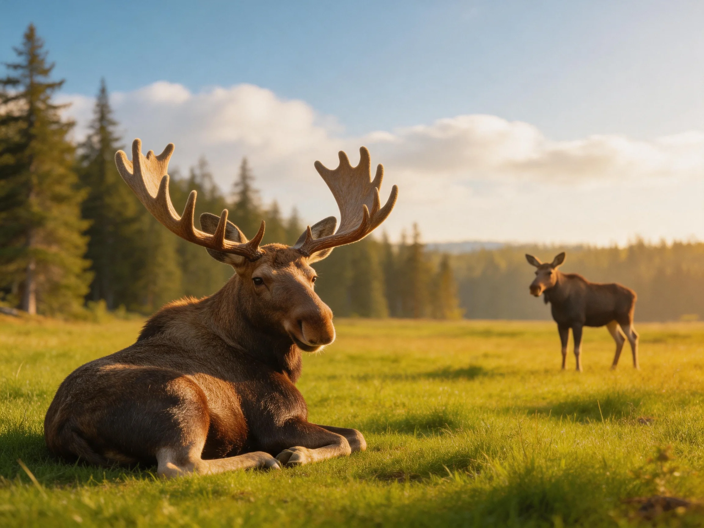 Two moose in a sunlit meadow with evergreen backdrop