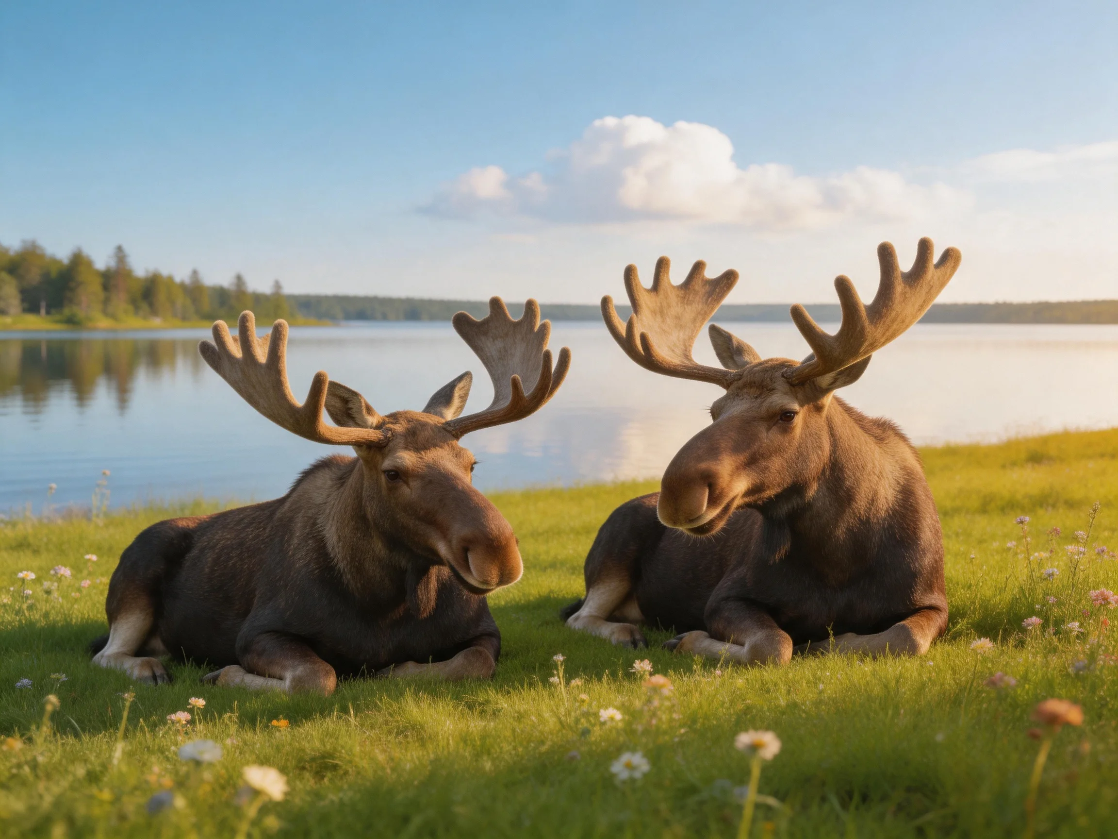 Two moose rest on a flowered lakeside meadow near calm waters