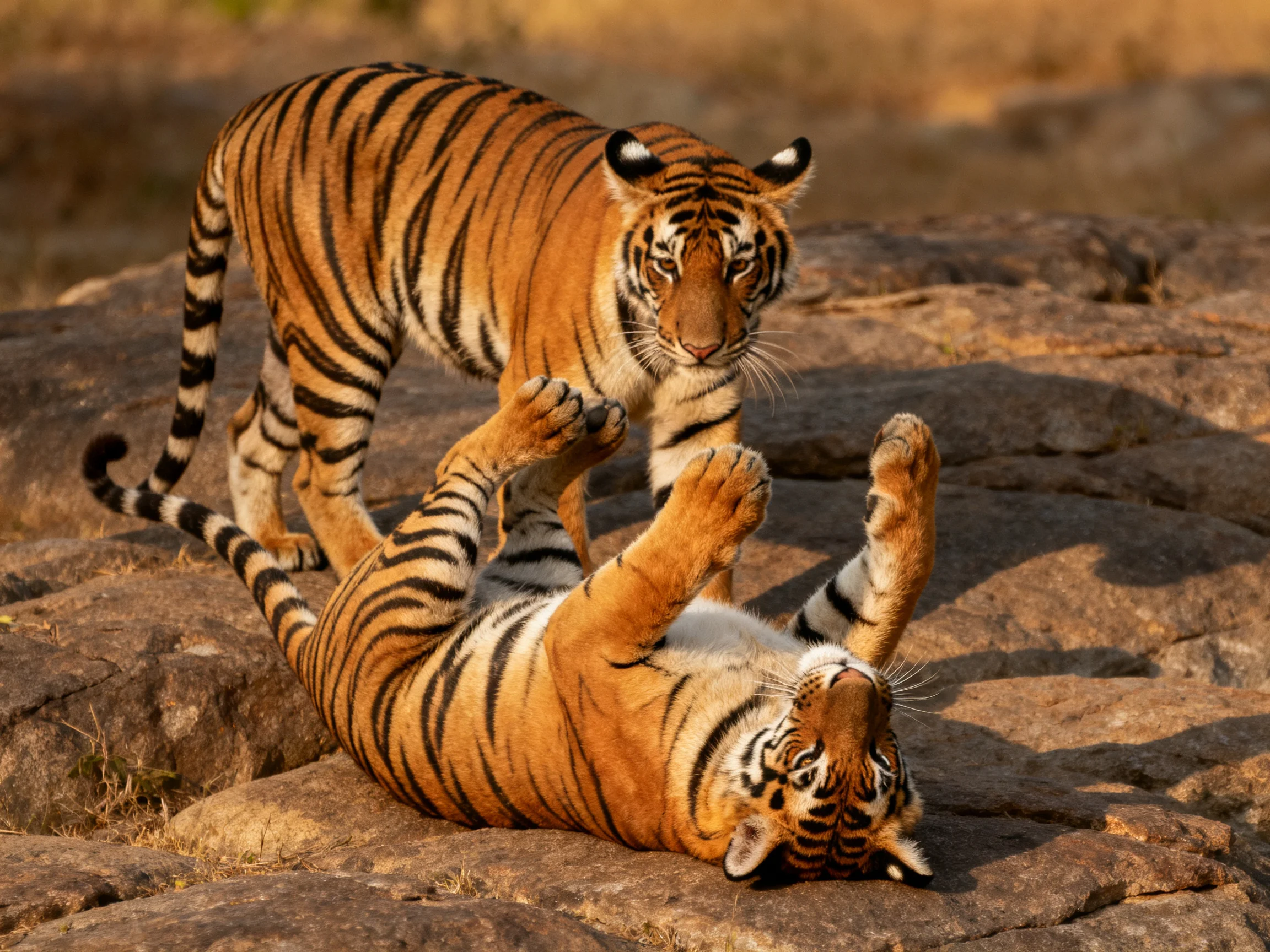 Two orange-striped tigers interact on rocky terrain in golden light