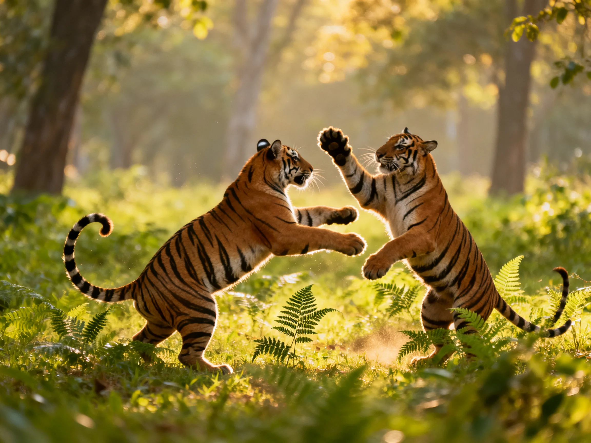 Two orange-striped tigers playfully interacting in a sunlit forest