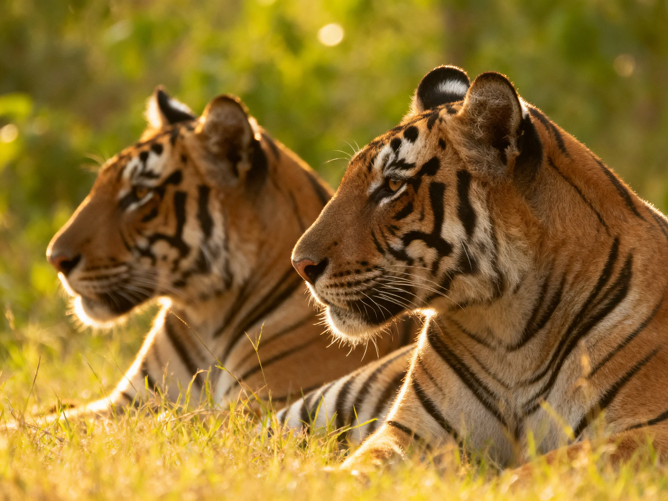 Two orange tigers rest in golden grass with black stripes