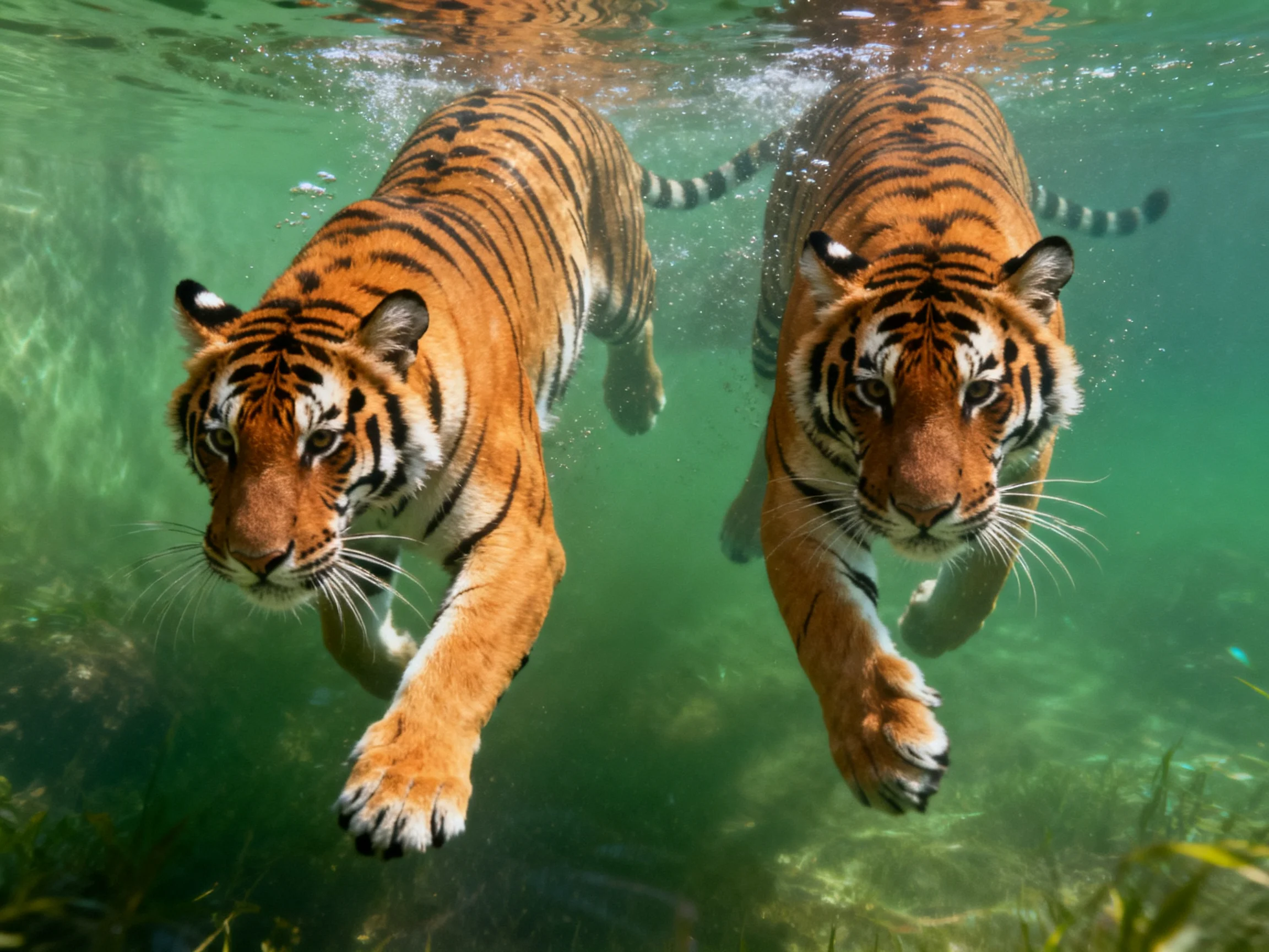 Two orange tigers swim gracefully in clear green water