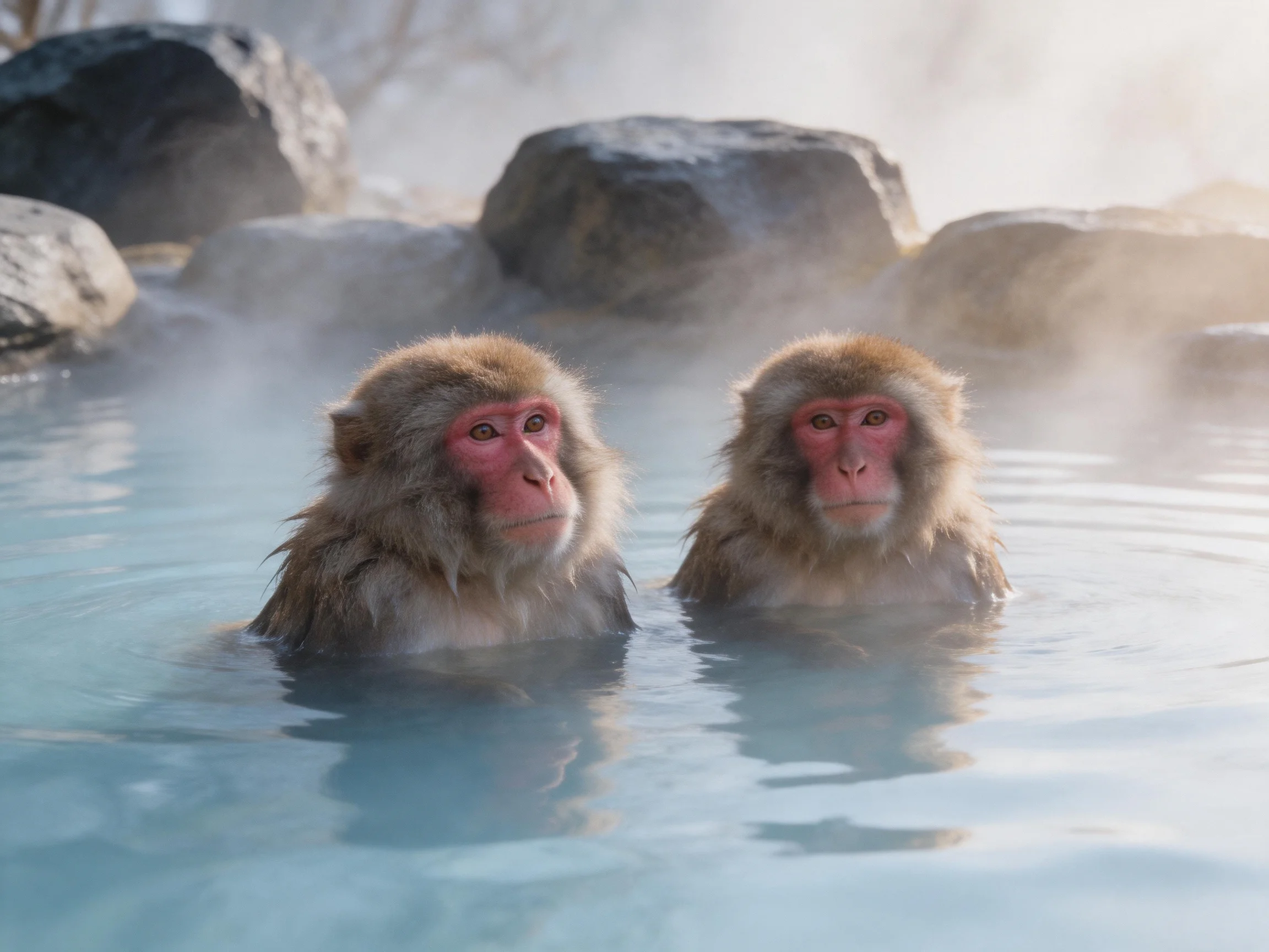 Two pink-faced monkeys bathe in a misty natural hot spring with large rocks