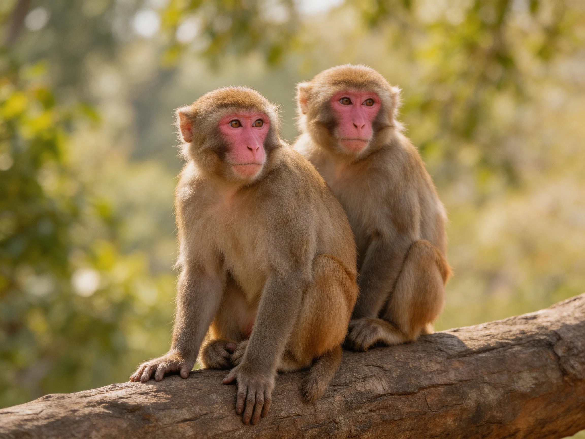 Two pink-faced monkeys sit closely on a large brown tree branch