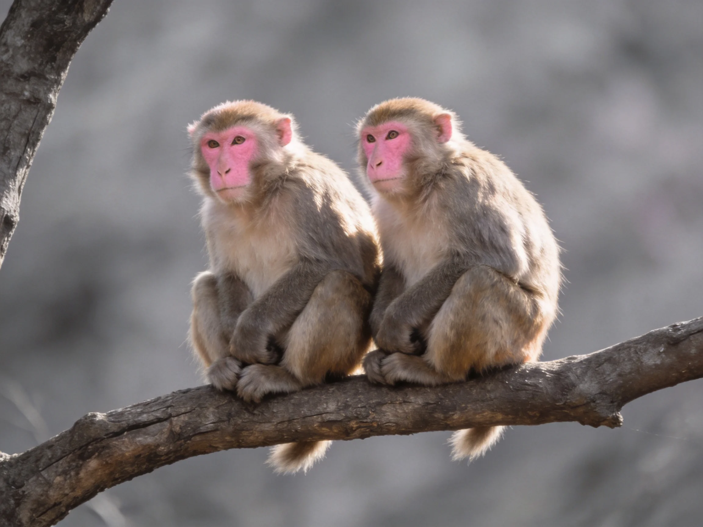 Two pink-faced monkeys sit closely together on a tree branch