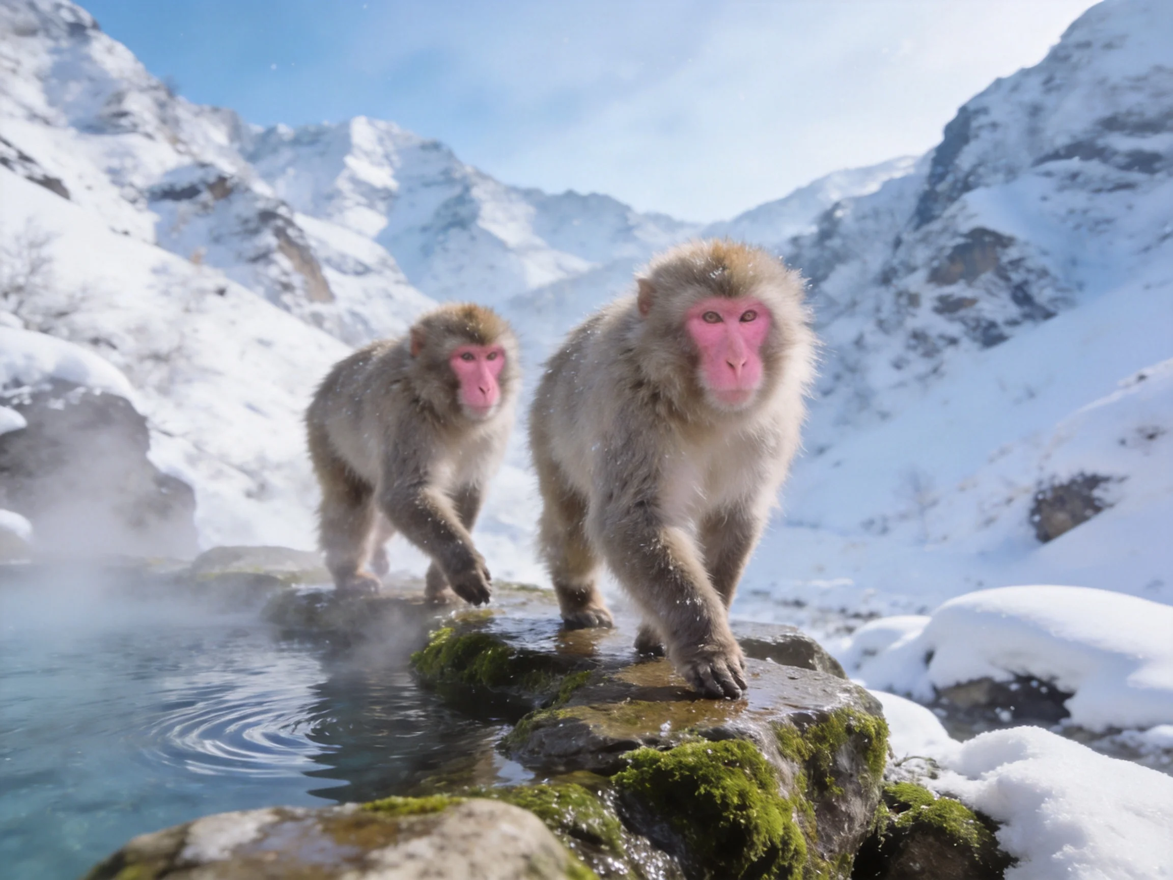 Two pink-faced monkeys walk along mossy rocks by a snowy mountain hot spring