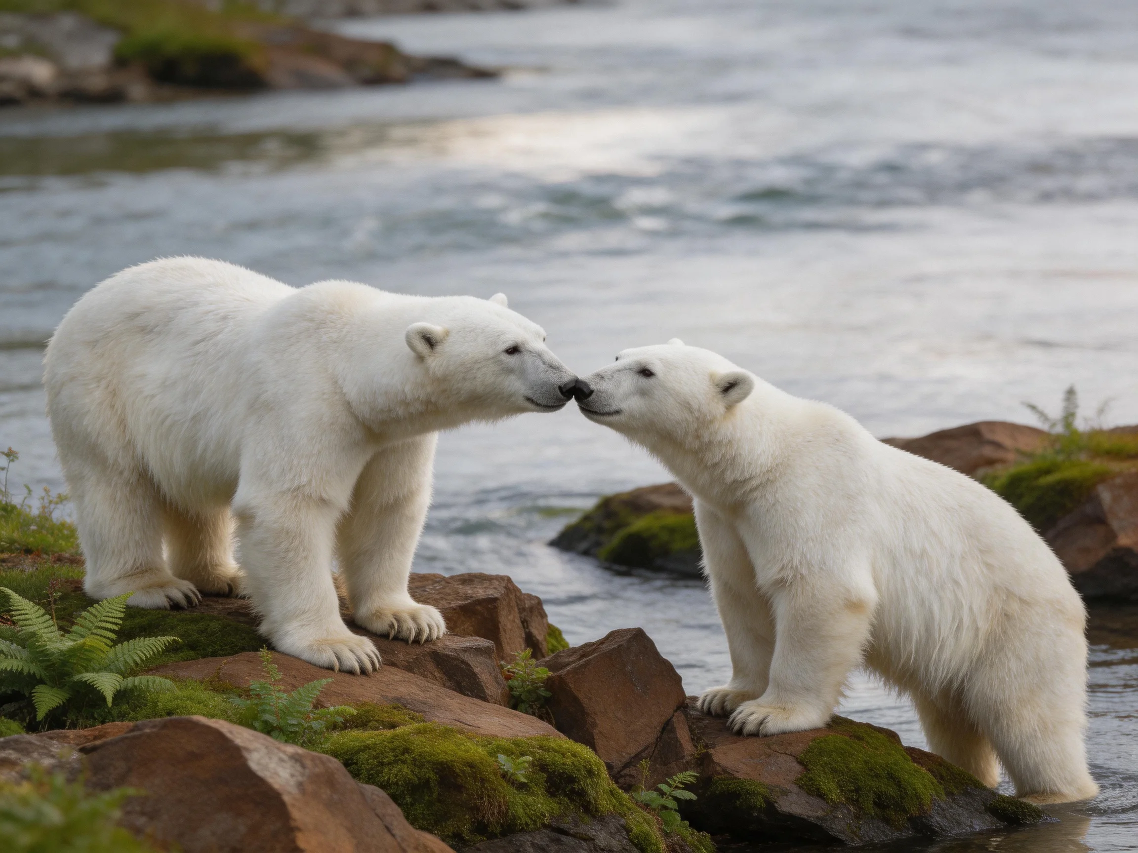 Two polar bears nuzzling on moss-covered rocks beside a flowing river