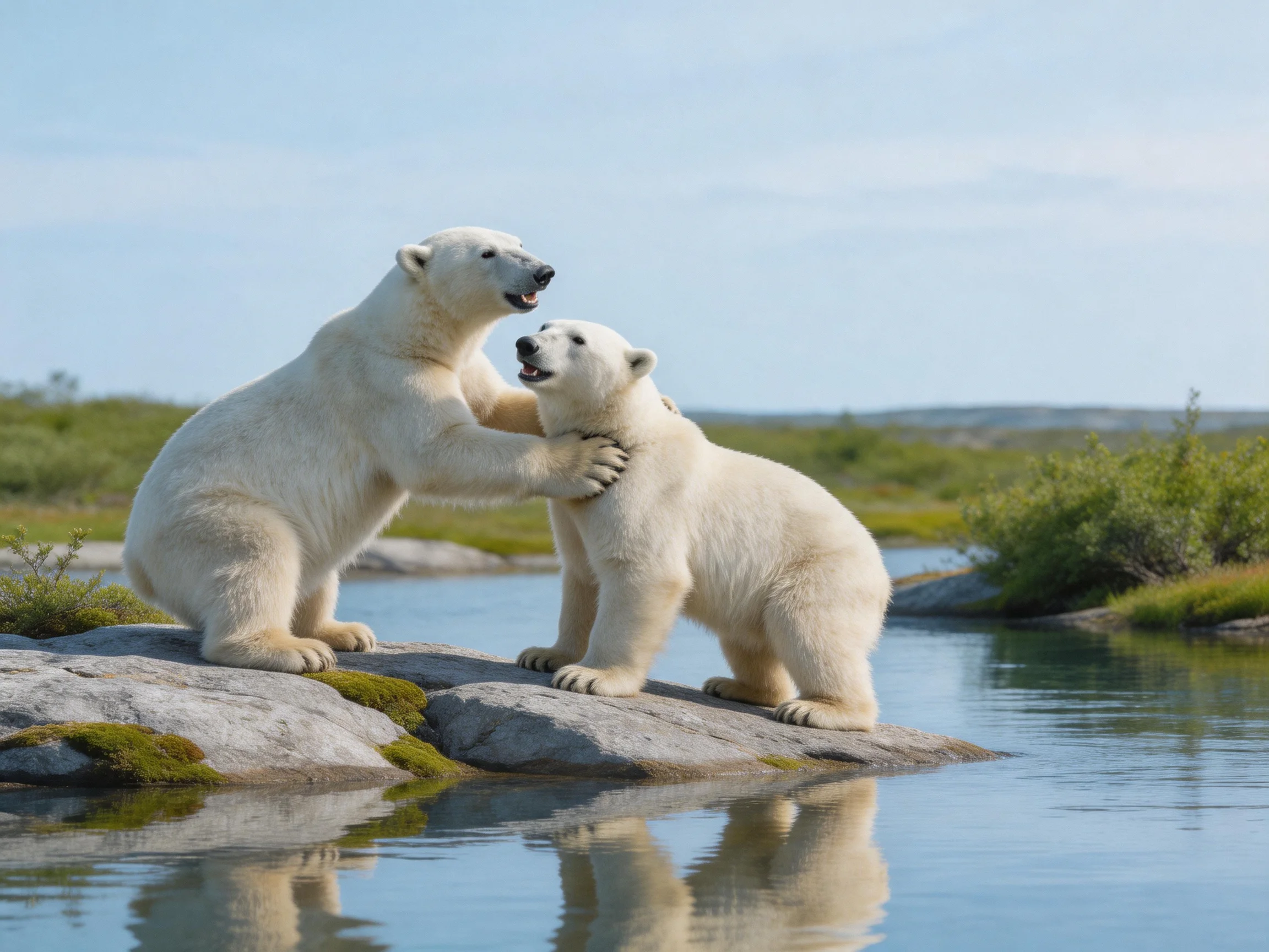Two polar bears playfully interact on mossy rocks by calm water