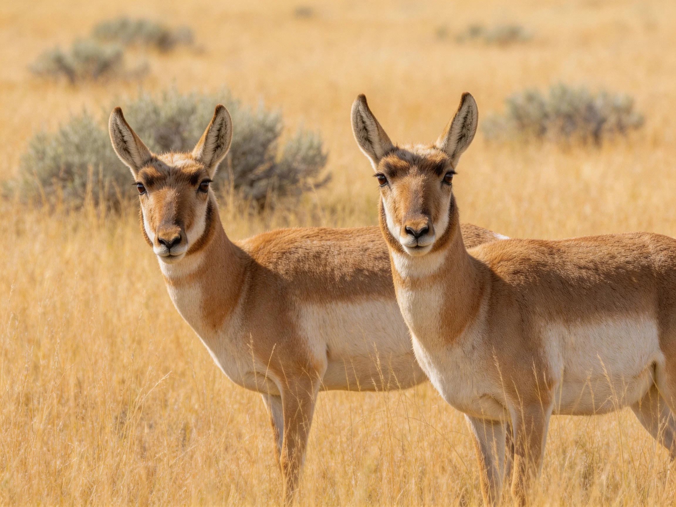 Two pronghorn antelopes in a golden grassland with sagebrush