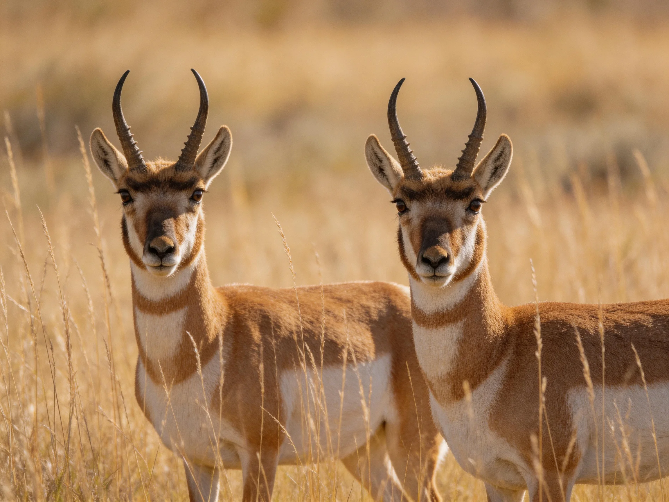 Two pronghorn antelopes with brown and white coats stand in golden grasslands