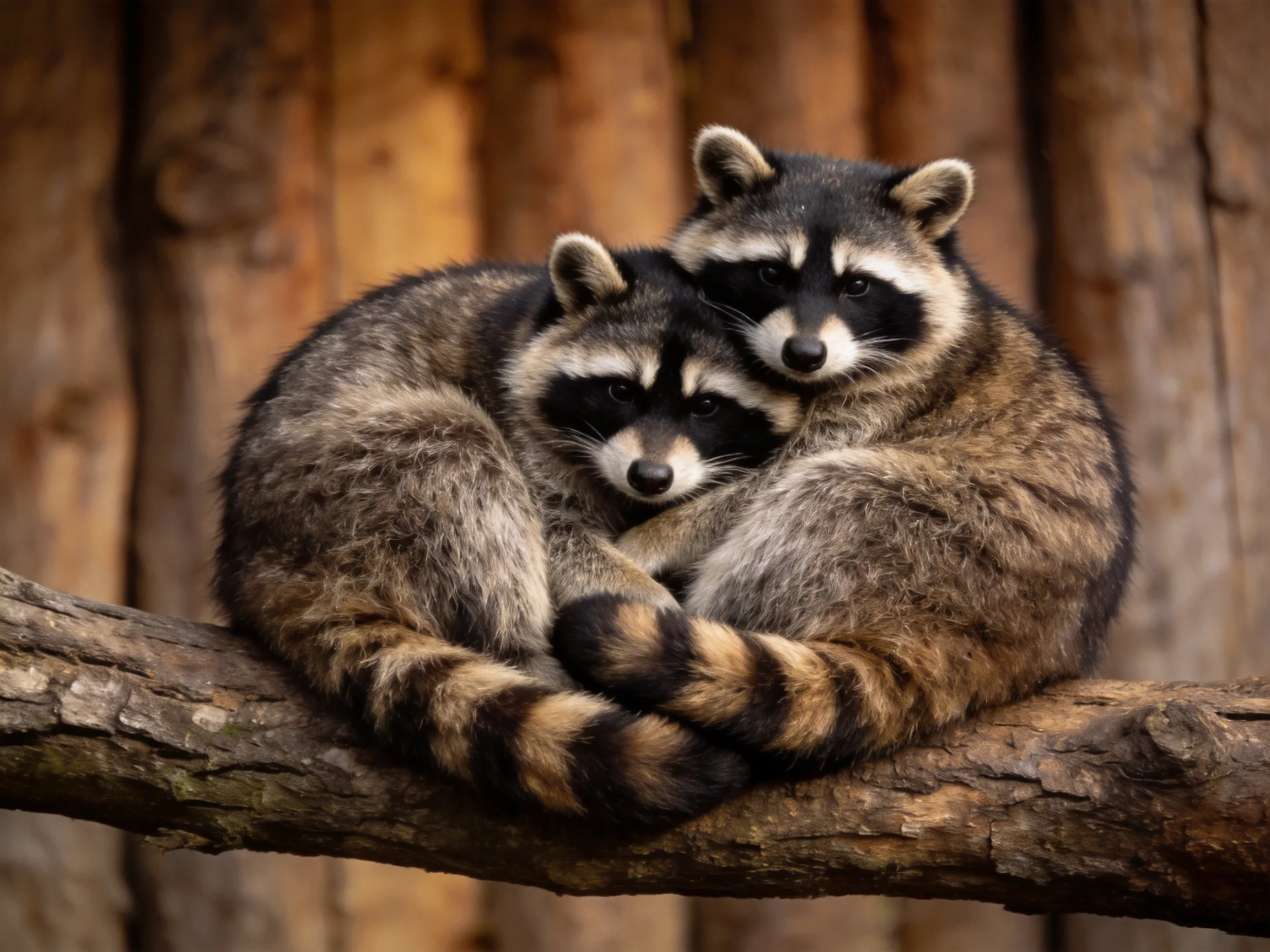 Two raccoons embrace on a wooden branch amid brown logs