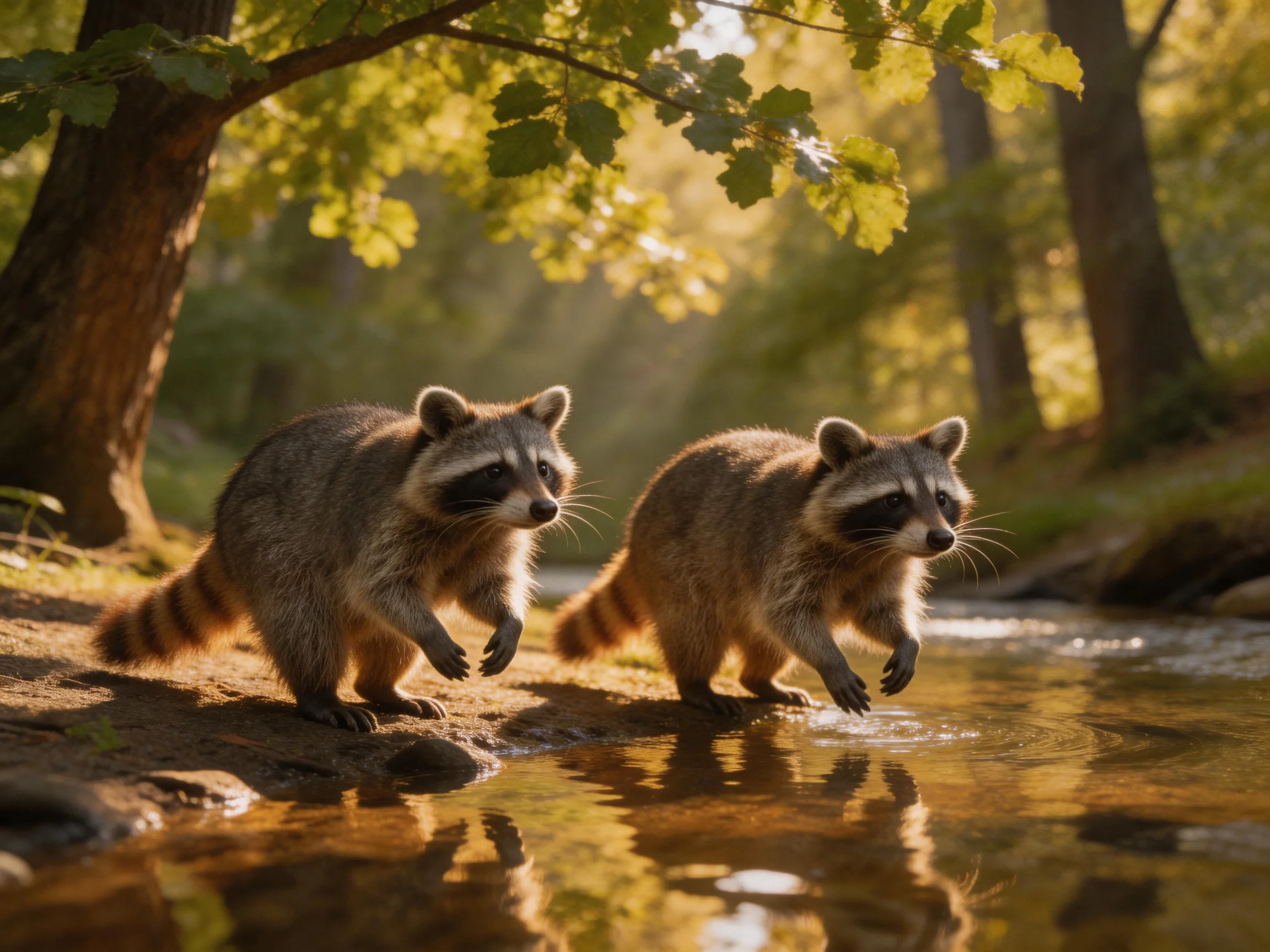 Two raccoons explore a sun-dappled forest stream edge