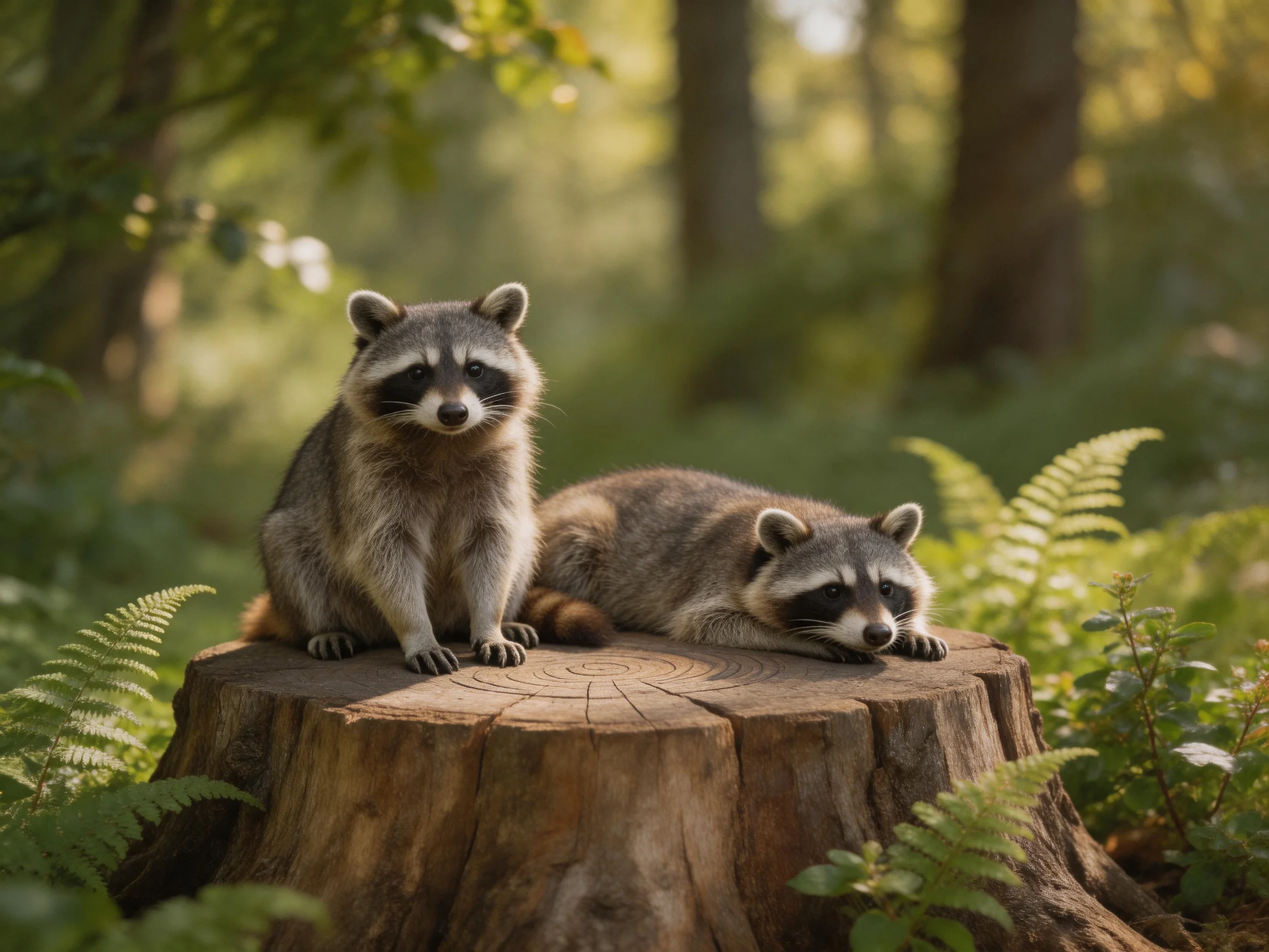 Two raccoons rest on a large wooden stump surrounded by lush forest vegetation
