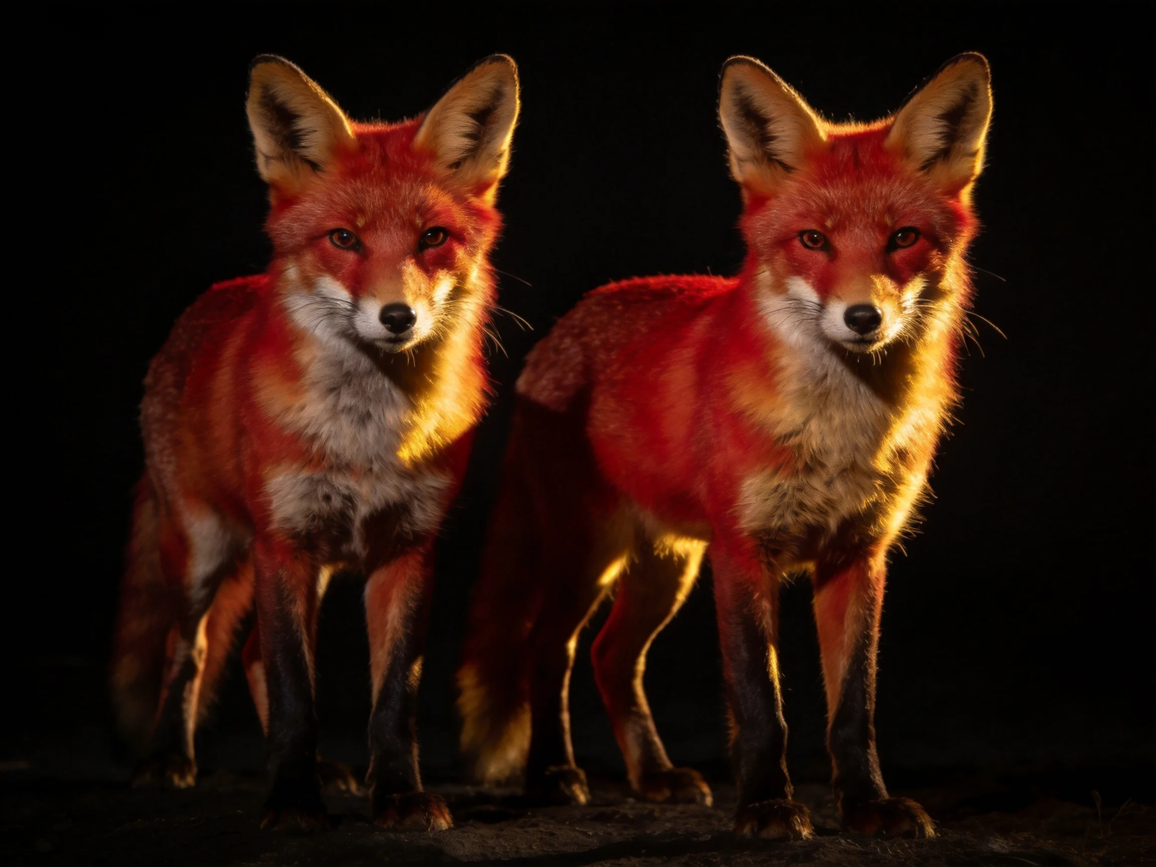 Two red foxes illuminated with golden light on a dark background