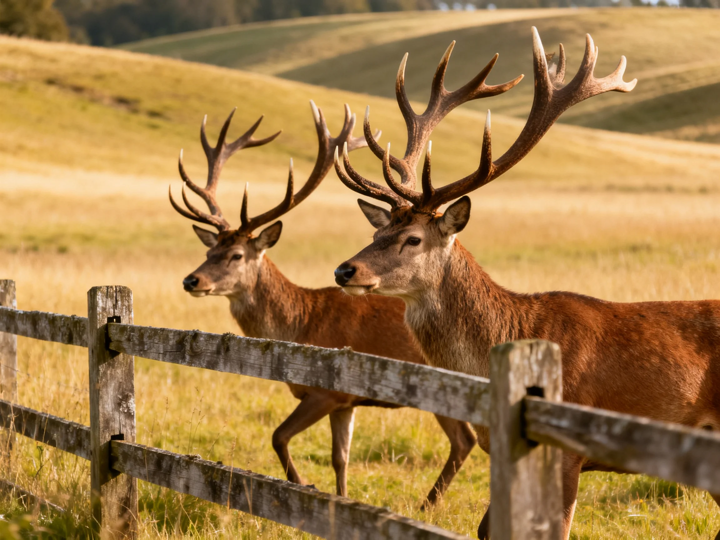Two reddish-brown deer with large antlers beside an aged wooden fence