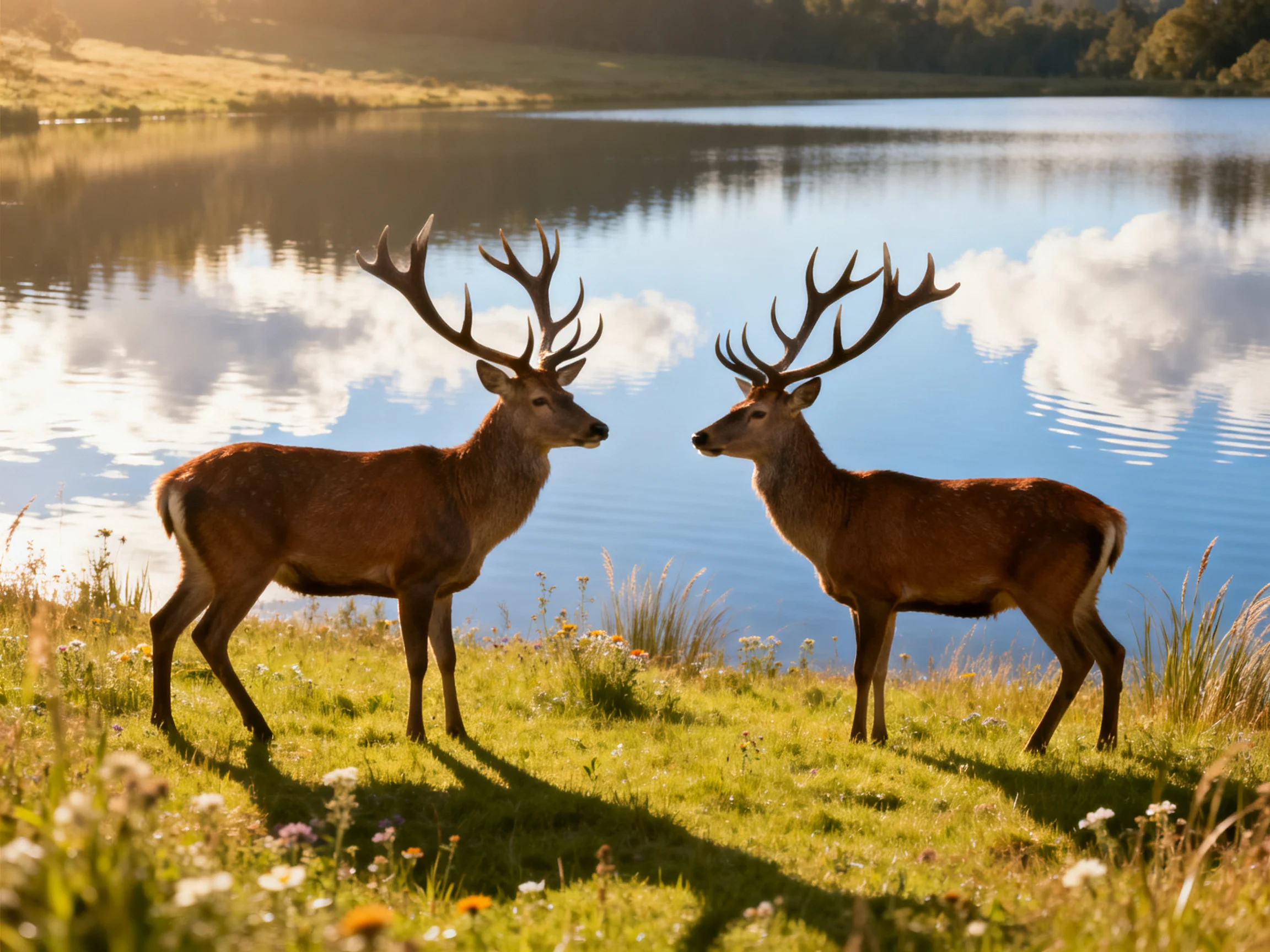 Two deer face each other beside a serene body of water reflecting the surroundings.