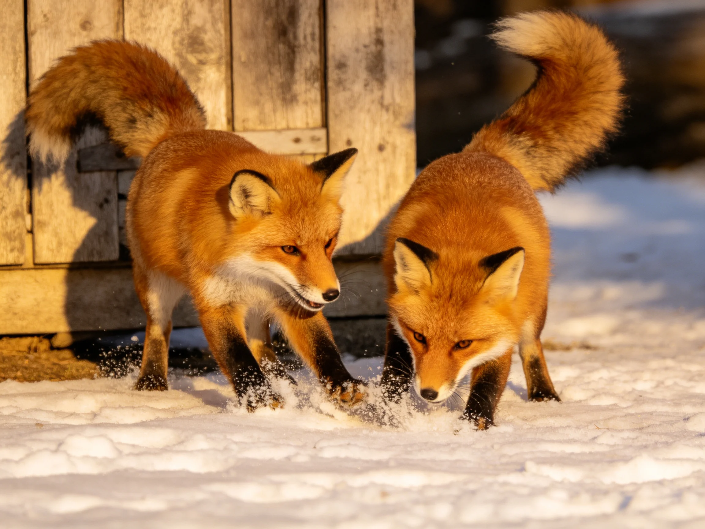 Two reddish-brown foxes exploring near a weathered wooden structure on snow