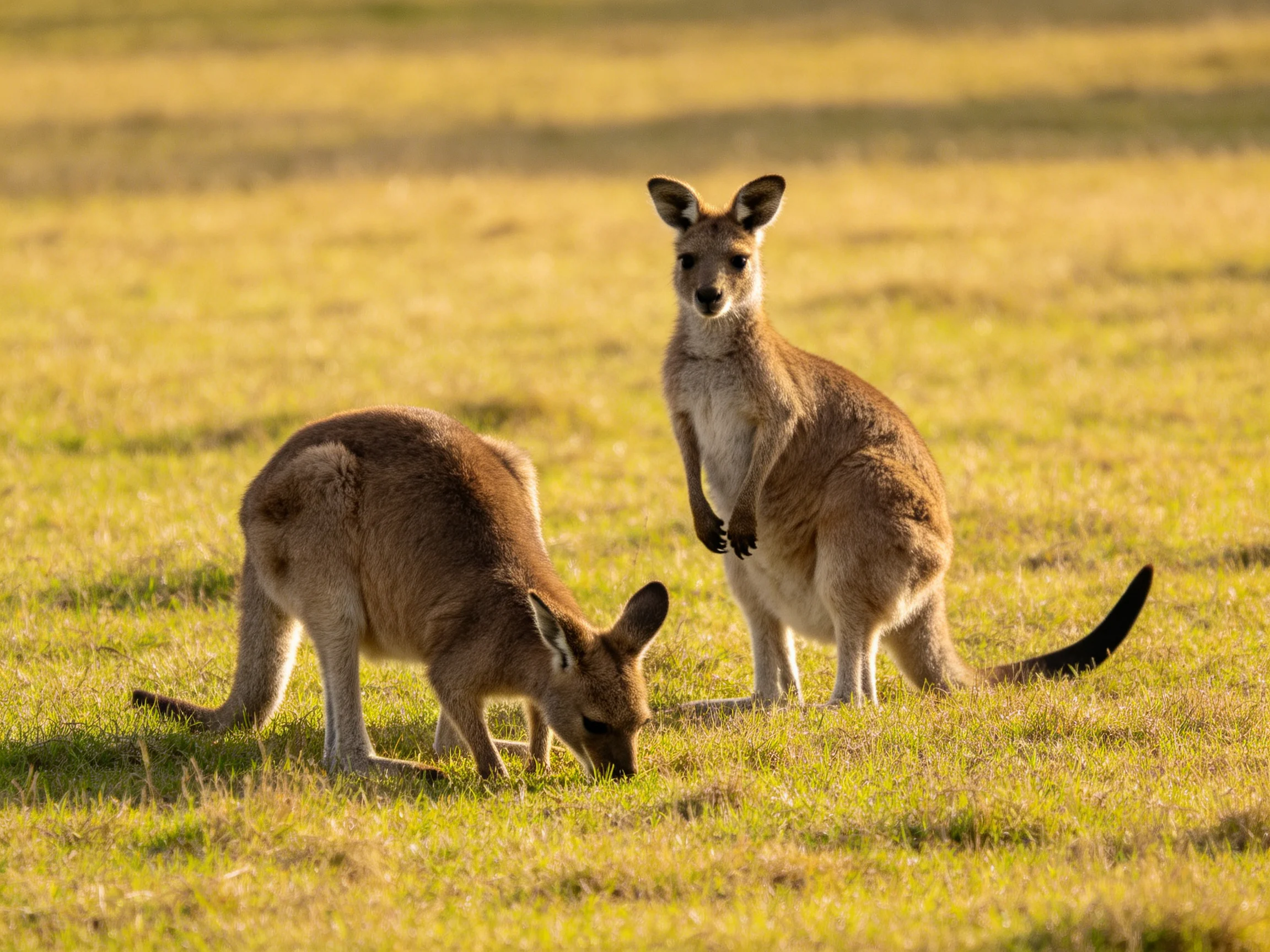 Two reddish-brown kangaroos in a sunlit yellow-green meadow