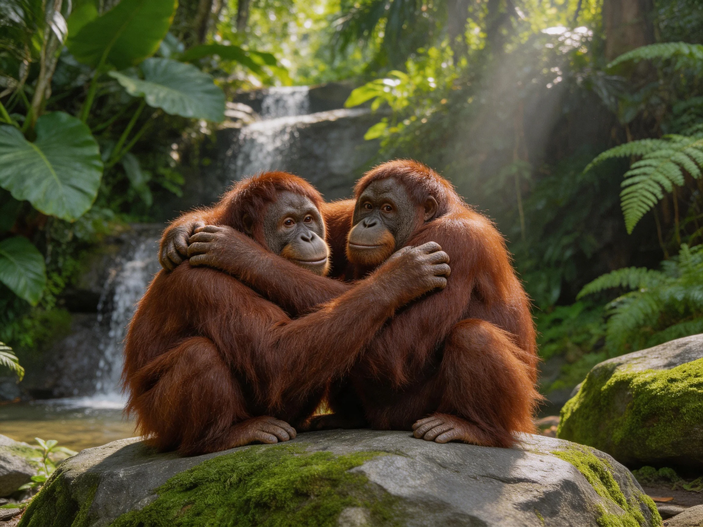 Two reddish-brown orangutans hug on mossy rocks beside a waterfall.