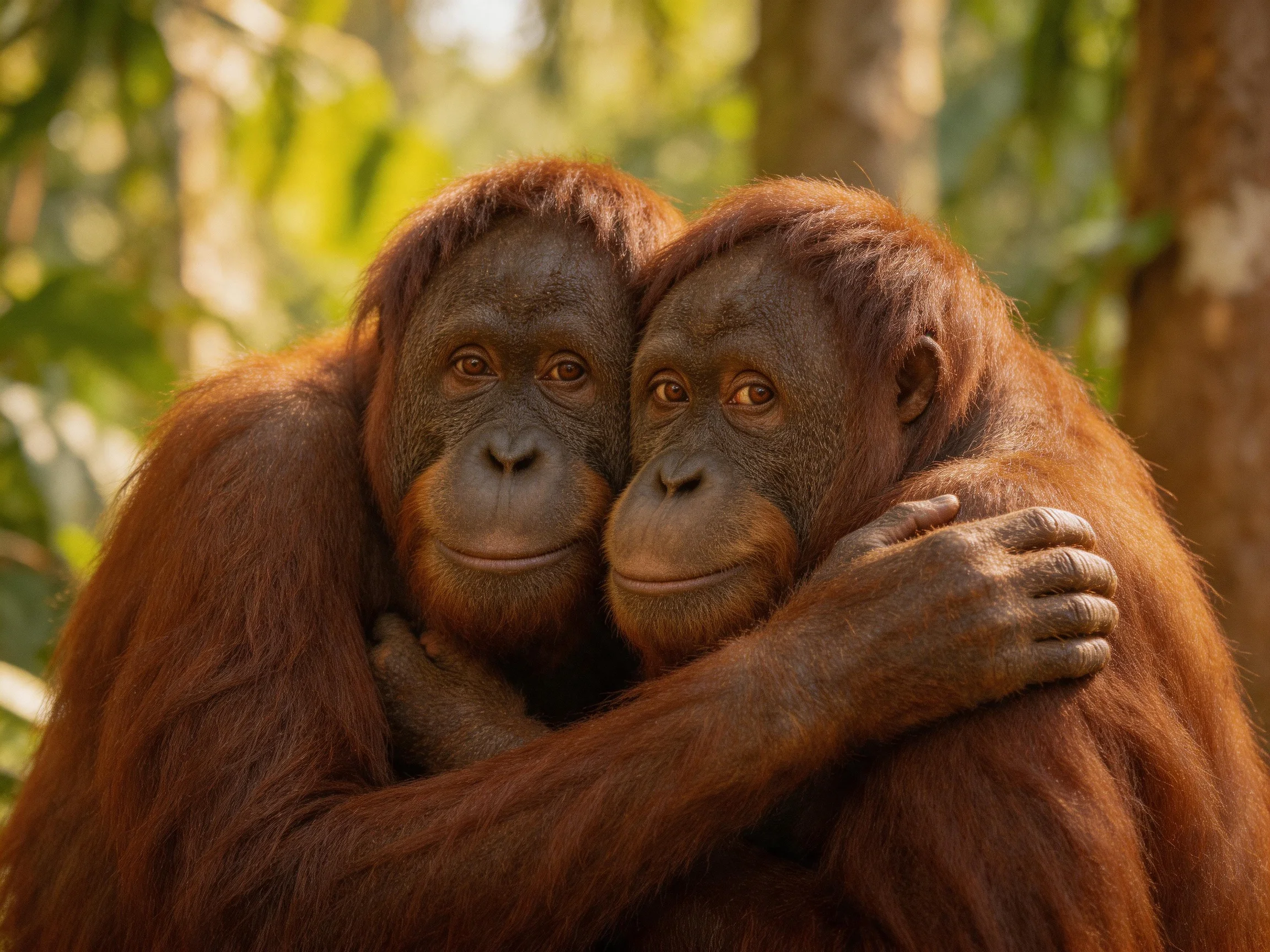 Two reddish-brown orangutans embrace closely in a lush forest setting