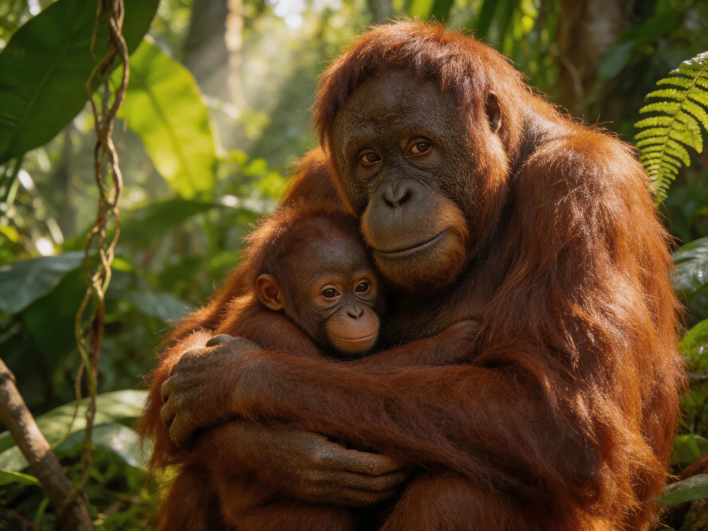 An adult orangutan cradles a young orangutan amid dense jungle foliage