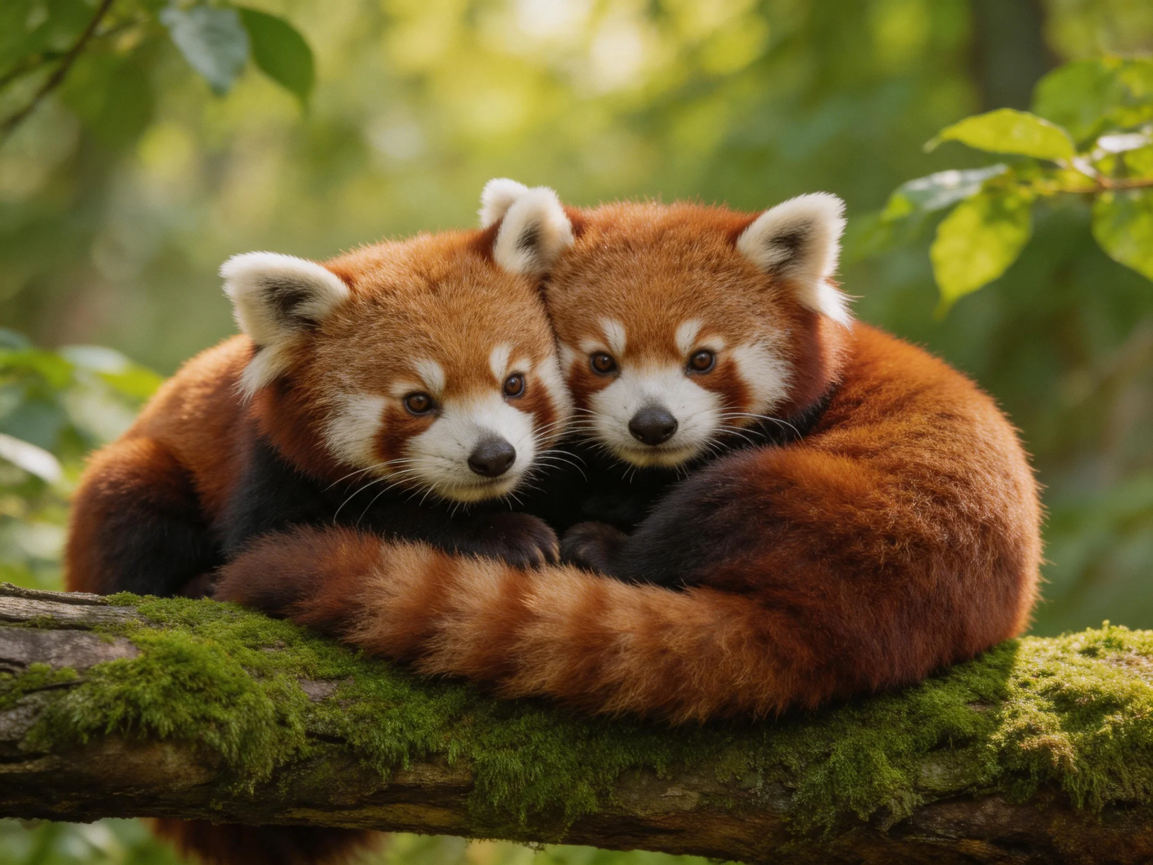 Two reddish-brown red pandas cuddle on a moss-covered tree branch