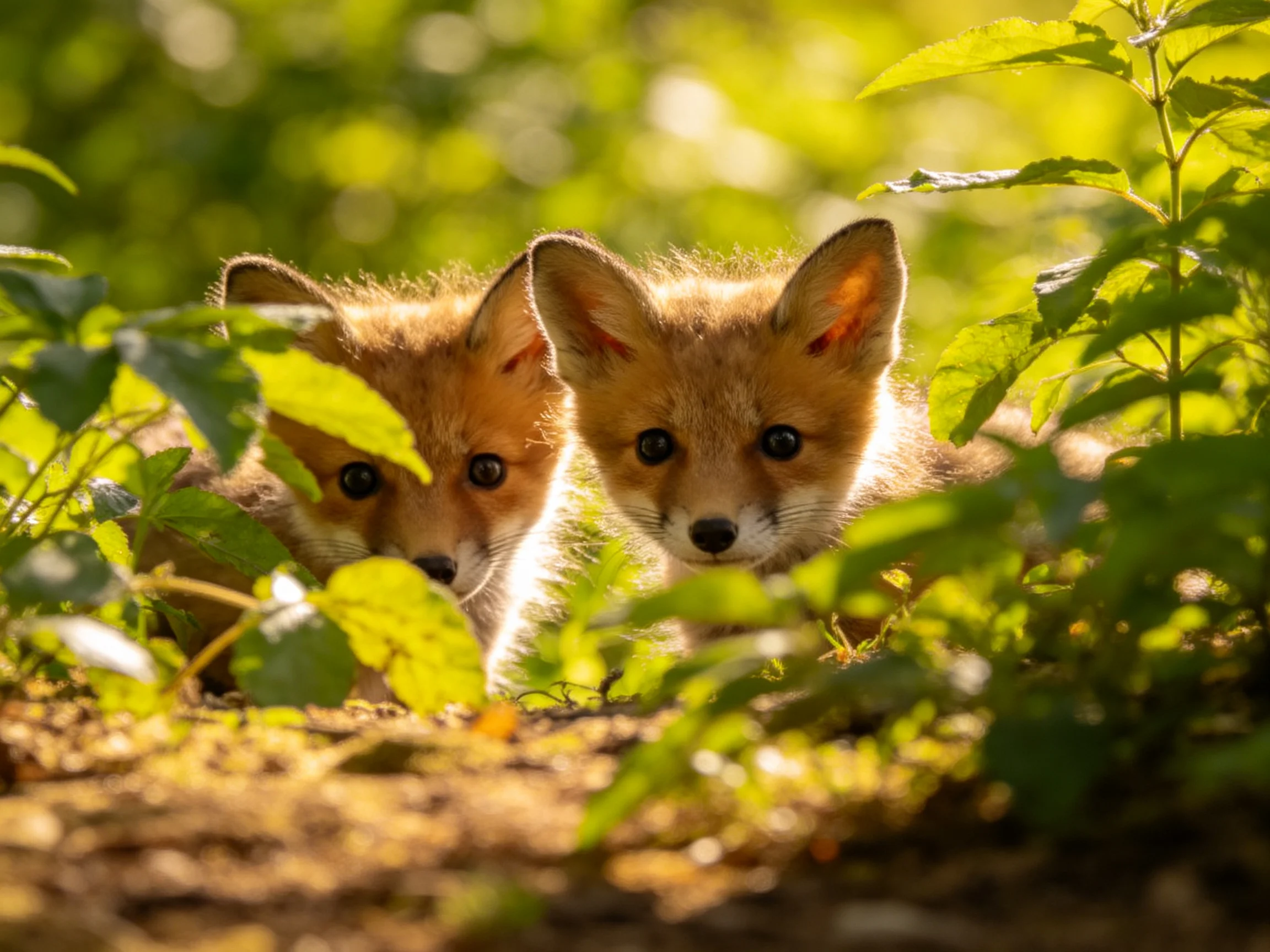 Two reddish fox kits hiding in lush green foliage
