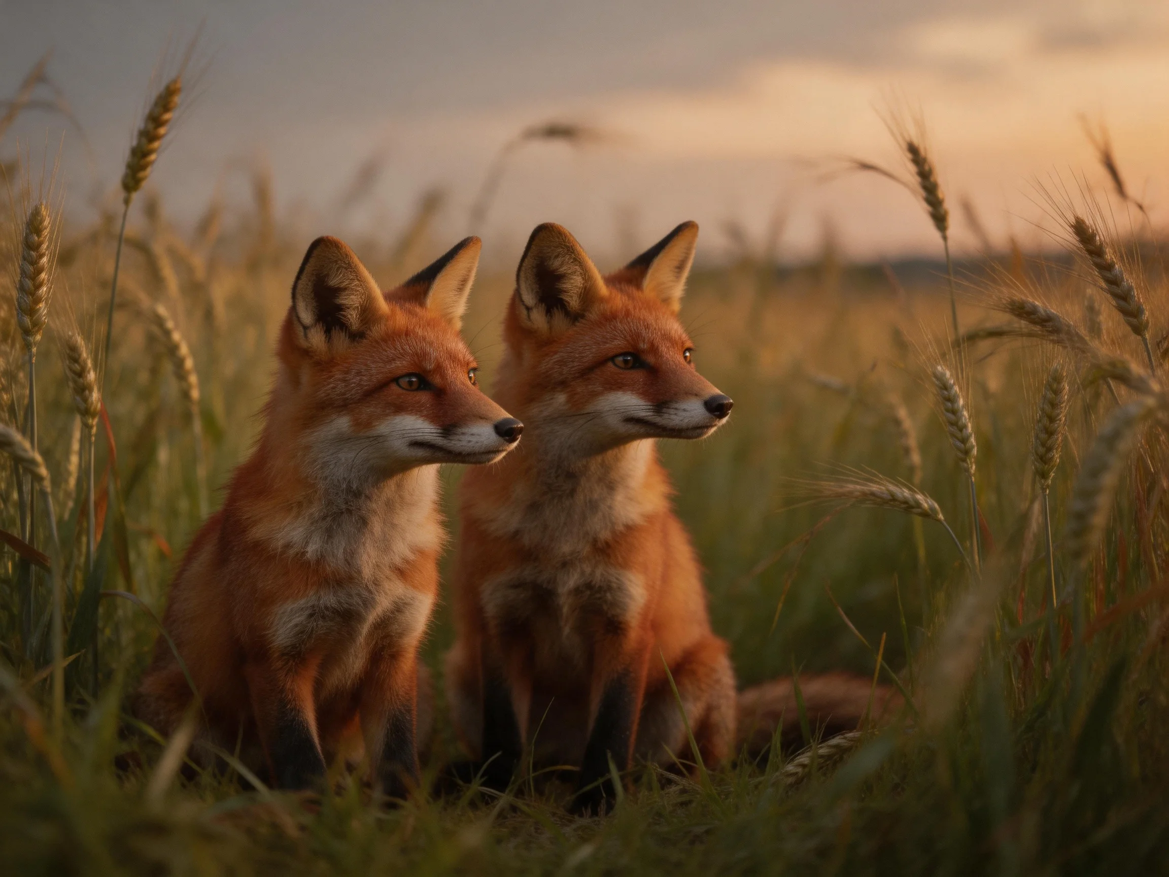 Two reddish-orange foxes sit together in a wheat field during twilight.
