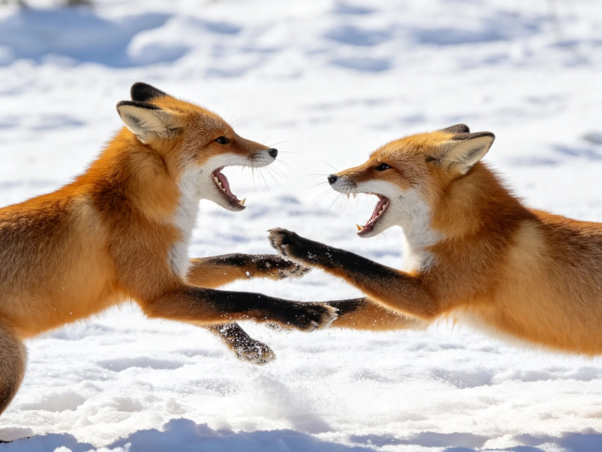 Two reddish-orange foxes playfully interacting on a bright snowy terrain
